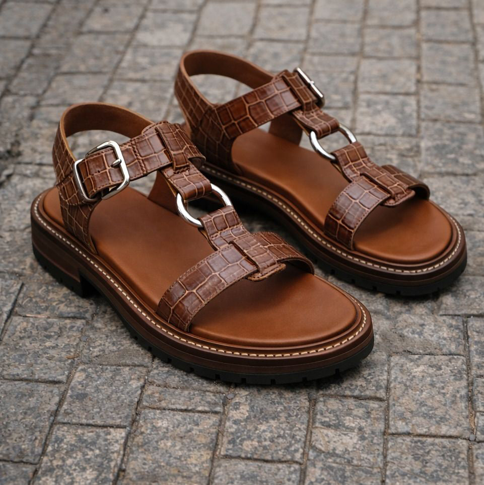 Brown Croc-Textured Strappy Sandals for Women with Adjustable Buckle