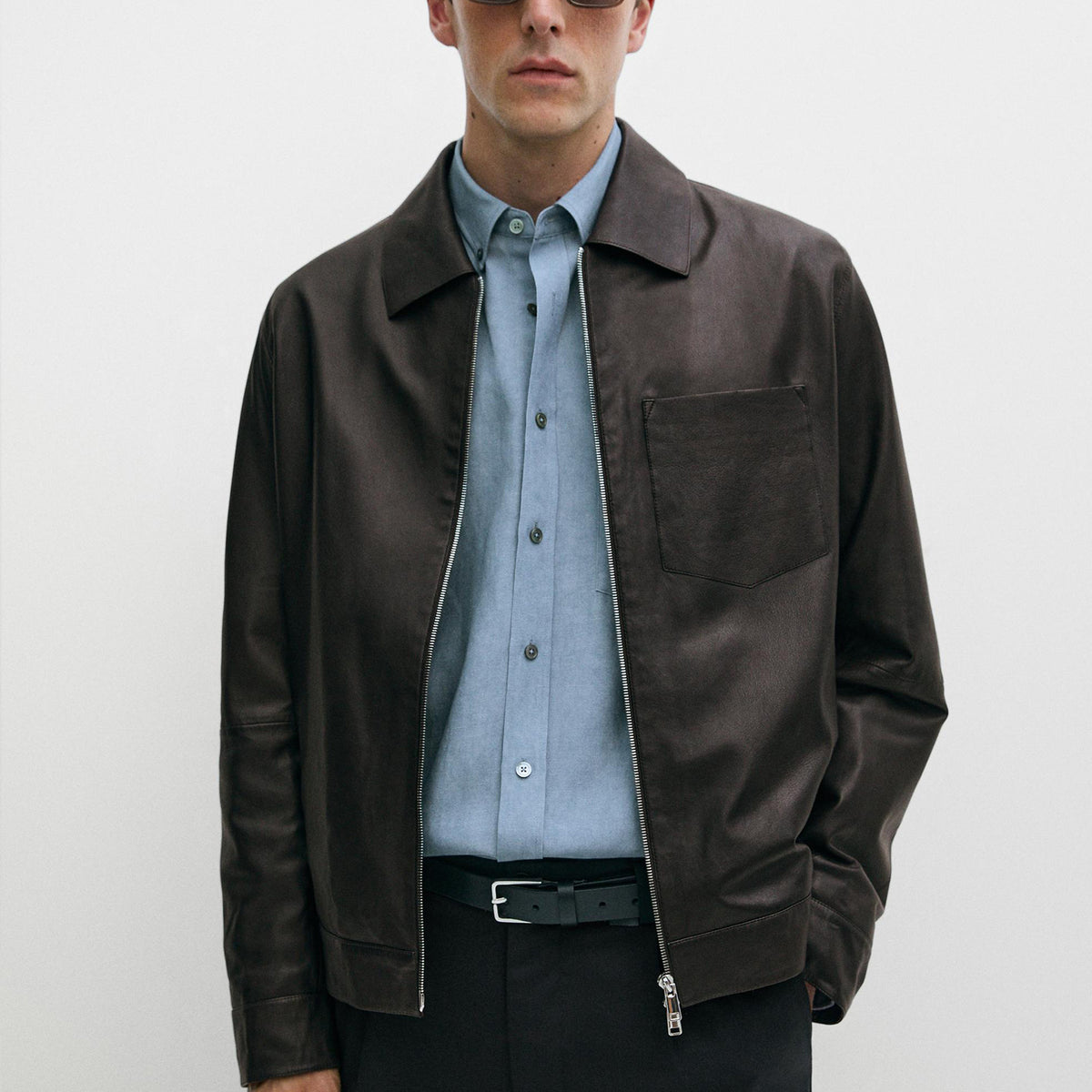 Men’s Dark Brown Leather Jacket – Full Zip Shirt Collar Jacket with Chest Pocket