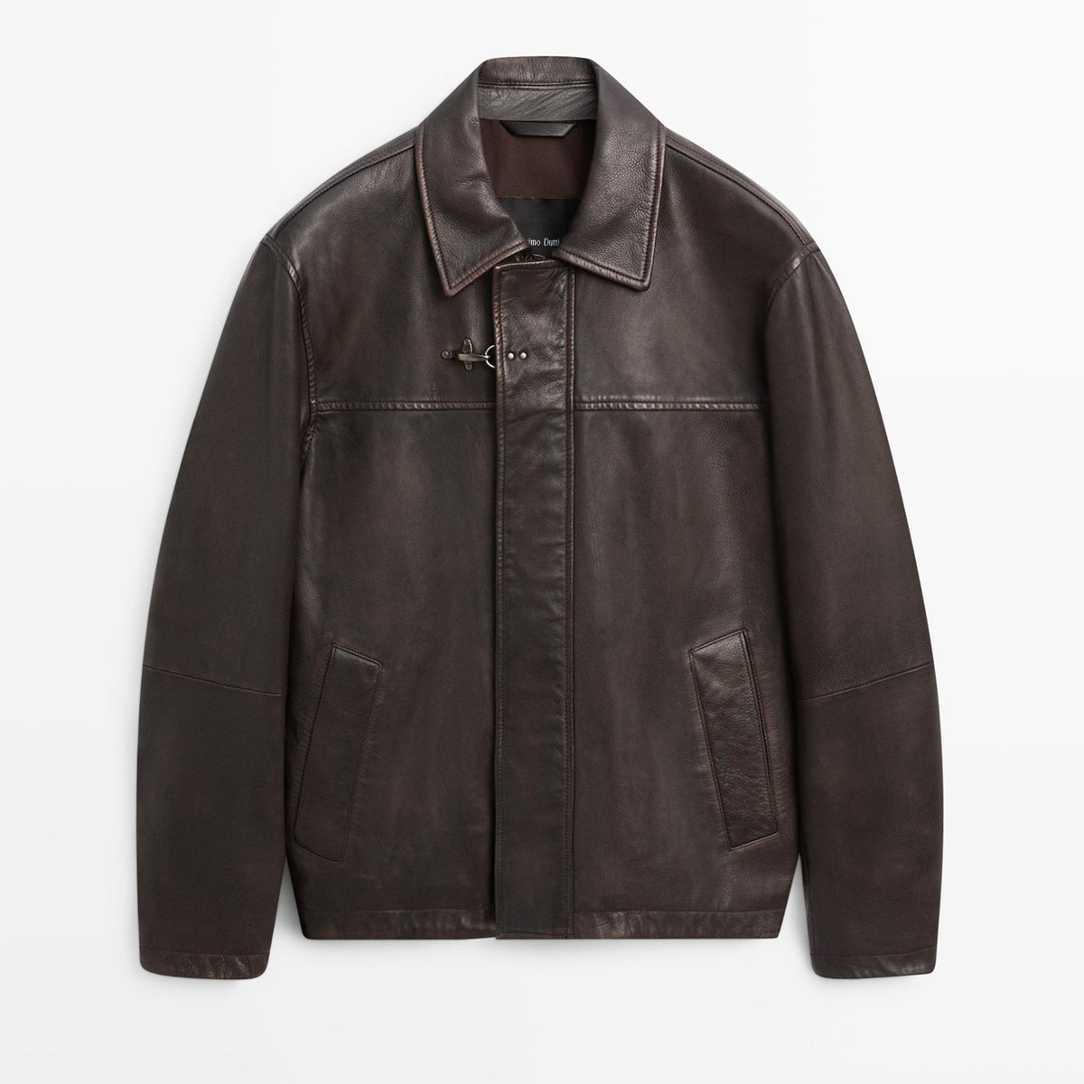 Men’s dark brown leather jacket with spread collar, front placket and angled front pockets