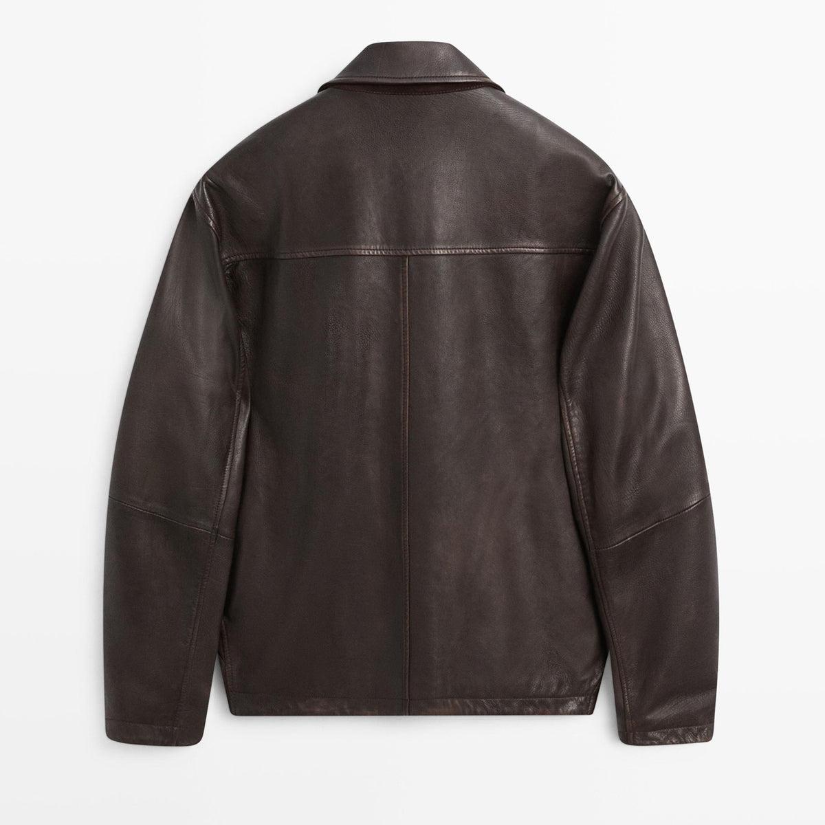Men’s Dark Brown Leather Jacket – Spread Collar Front Placket Casual Jacket