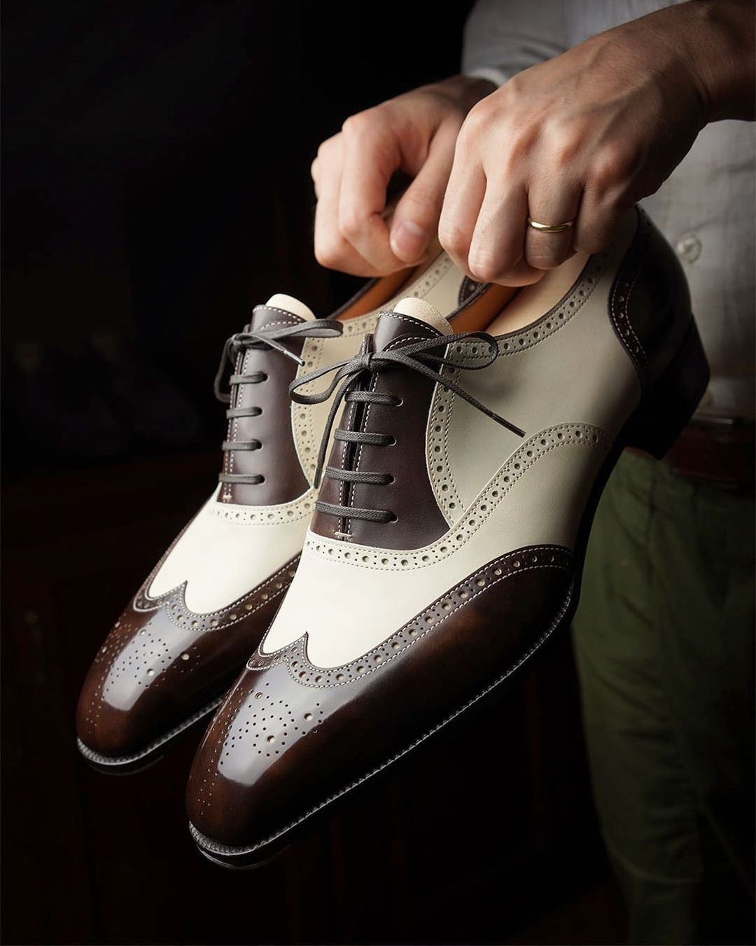 "Evadne Two-Tone Brogue Oxfords – Brown & White Leather Wingtip | Summer Formal Collection"