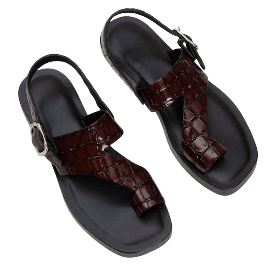 Brown Croc-Texture Slingback Sandals | Stylish Toe-Ring Flats for Women