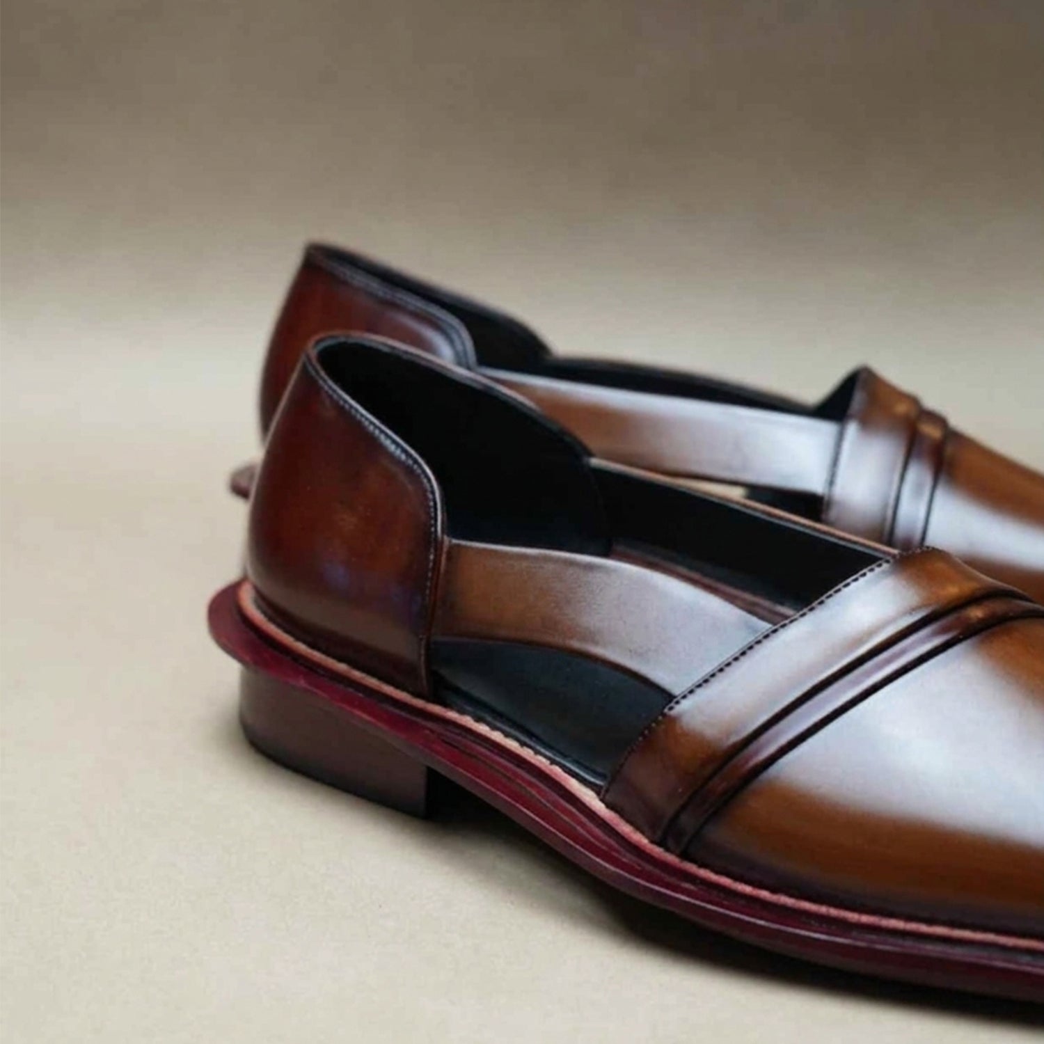 Tan Burnished Slip-On Mule Loafers with Maroon Sole for Men