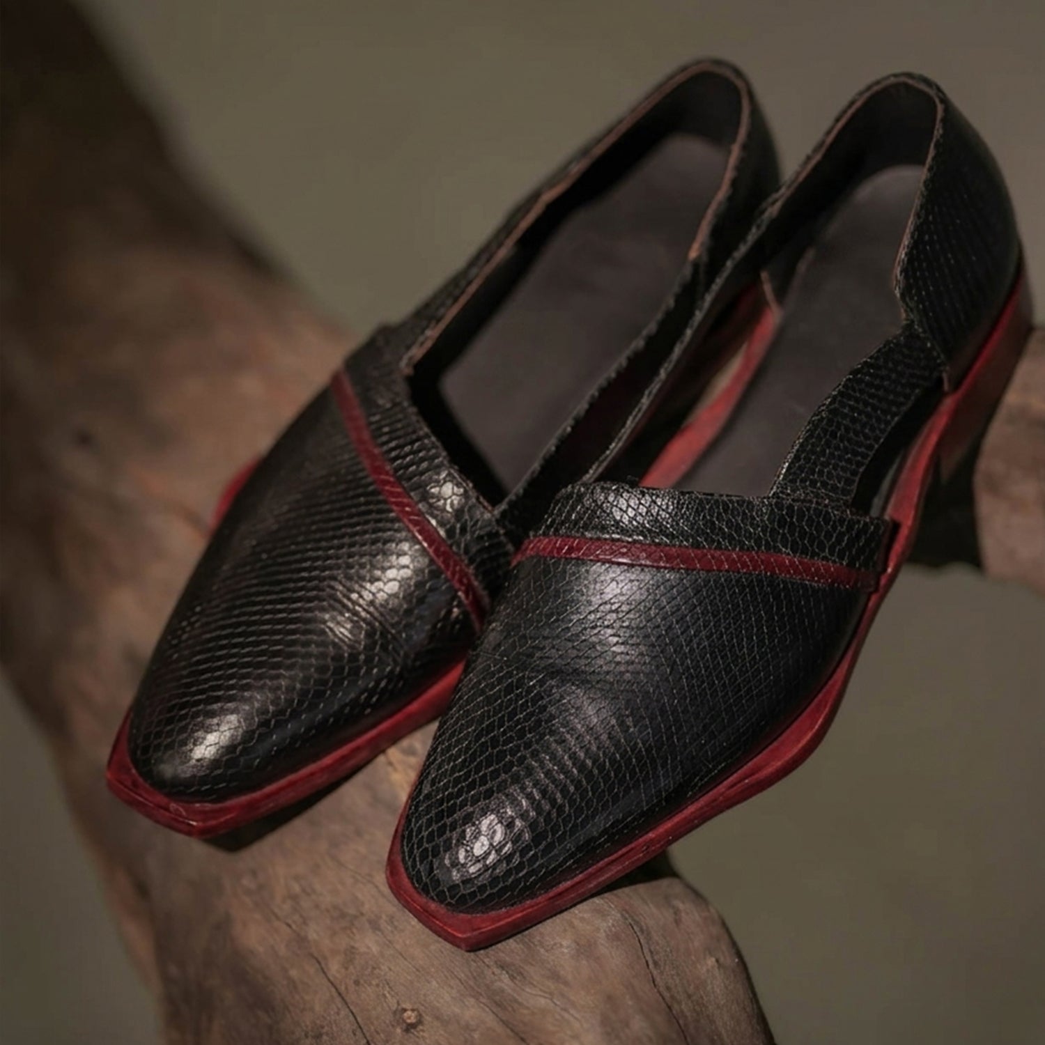 Black Textured Slip-On Mule Loafers with Maroon Accent for Men
