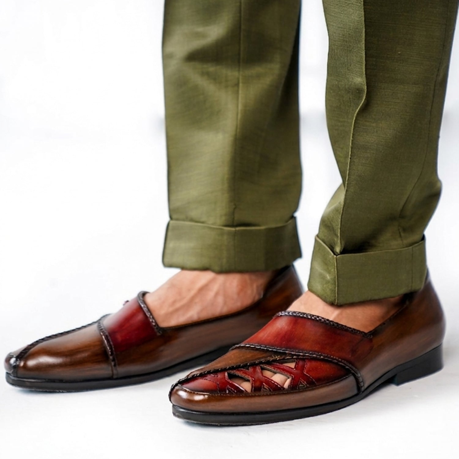 Luxury Hand-Painted Leather Loafers for Men – Burgundy & Brown Designer Slip-On Shoes