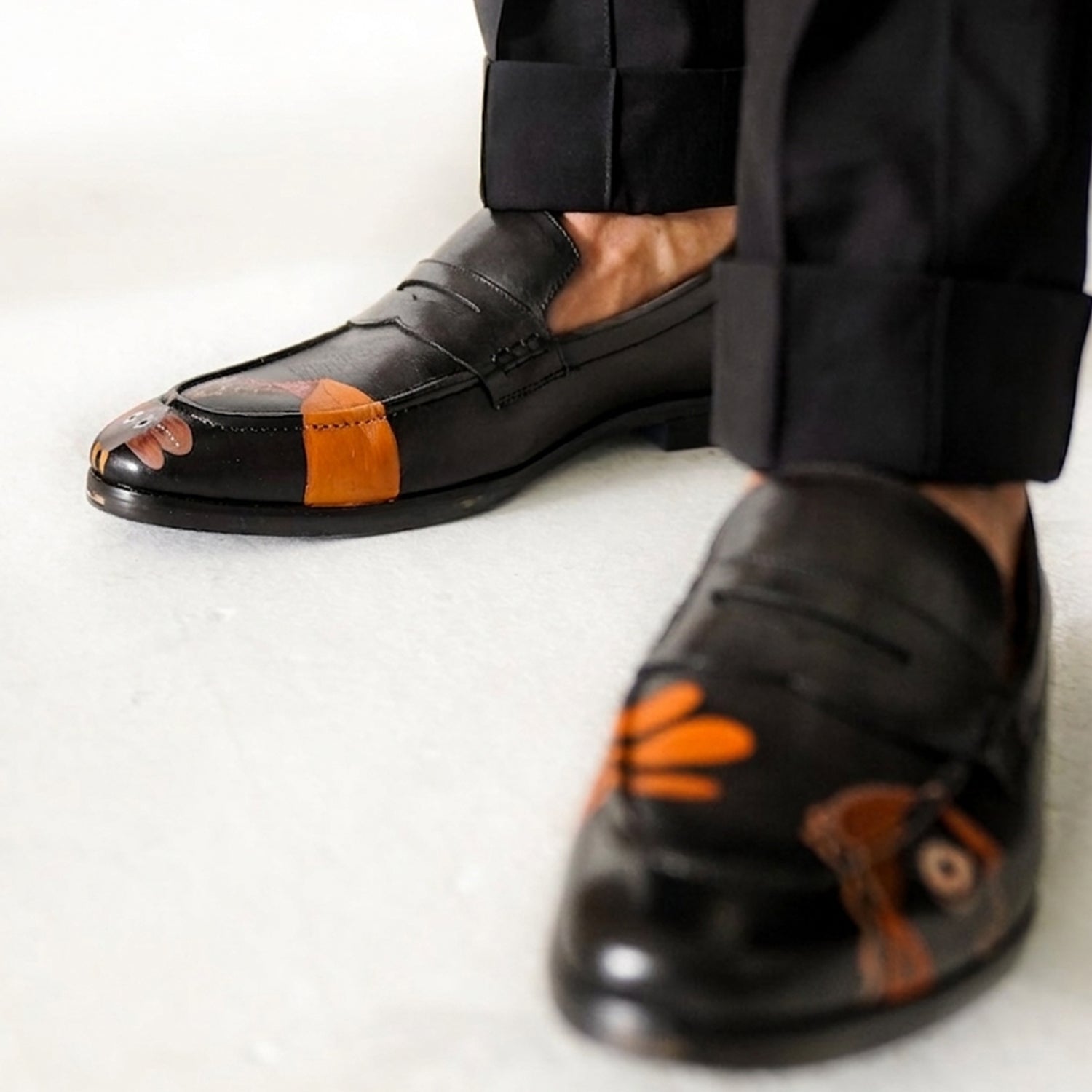 Black Hand-Painted Leather Penny Loafers with Abstract Artistic Design