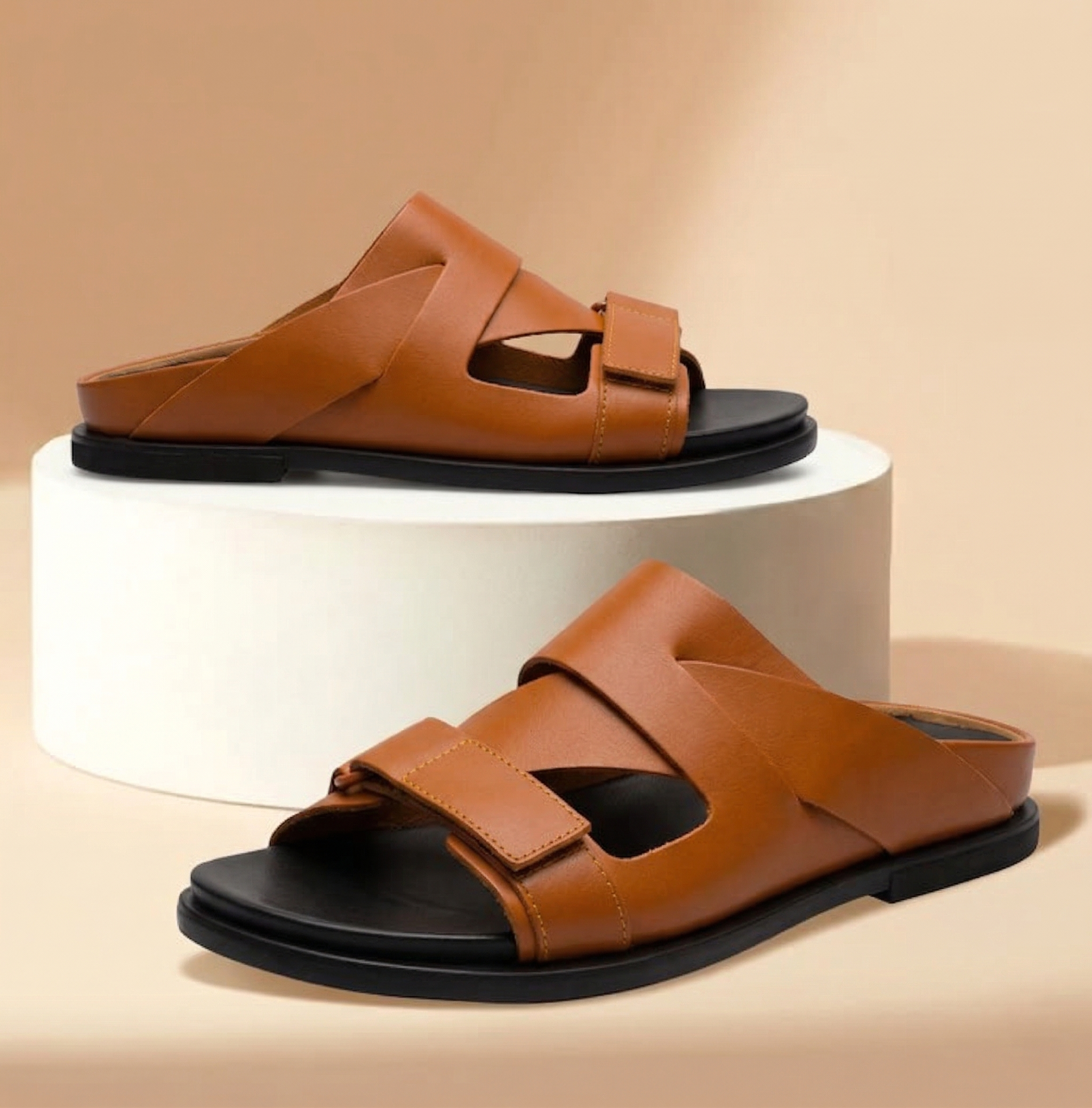 Stylish Brown Leather Slip-On Sandals with Back Strap