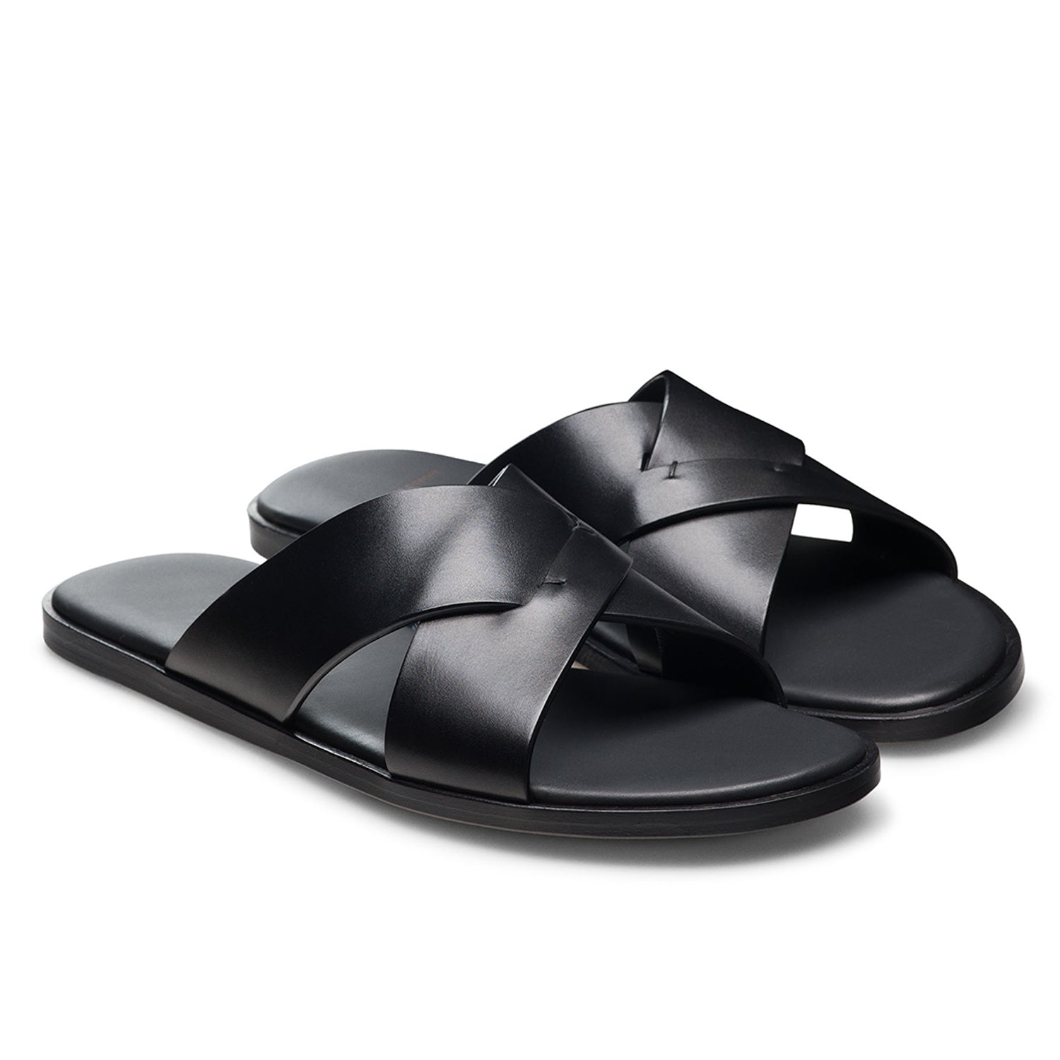 Men’s Black Leather Cross Strap Slip-On Sandals – Top View