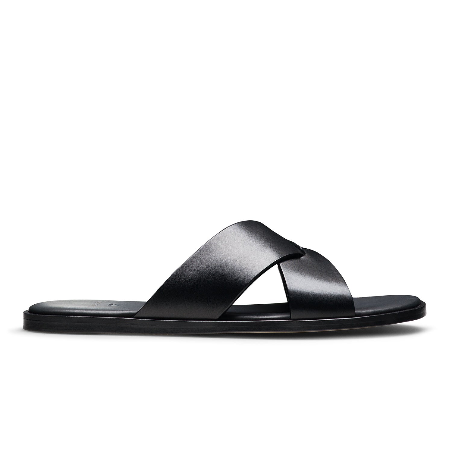 Men’s Black Leather Cross Strap Slip-On Sandals – Top View
