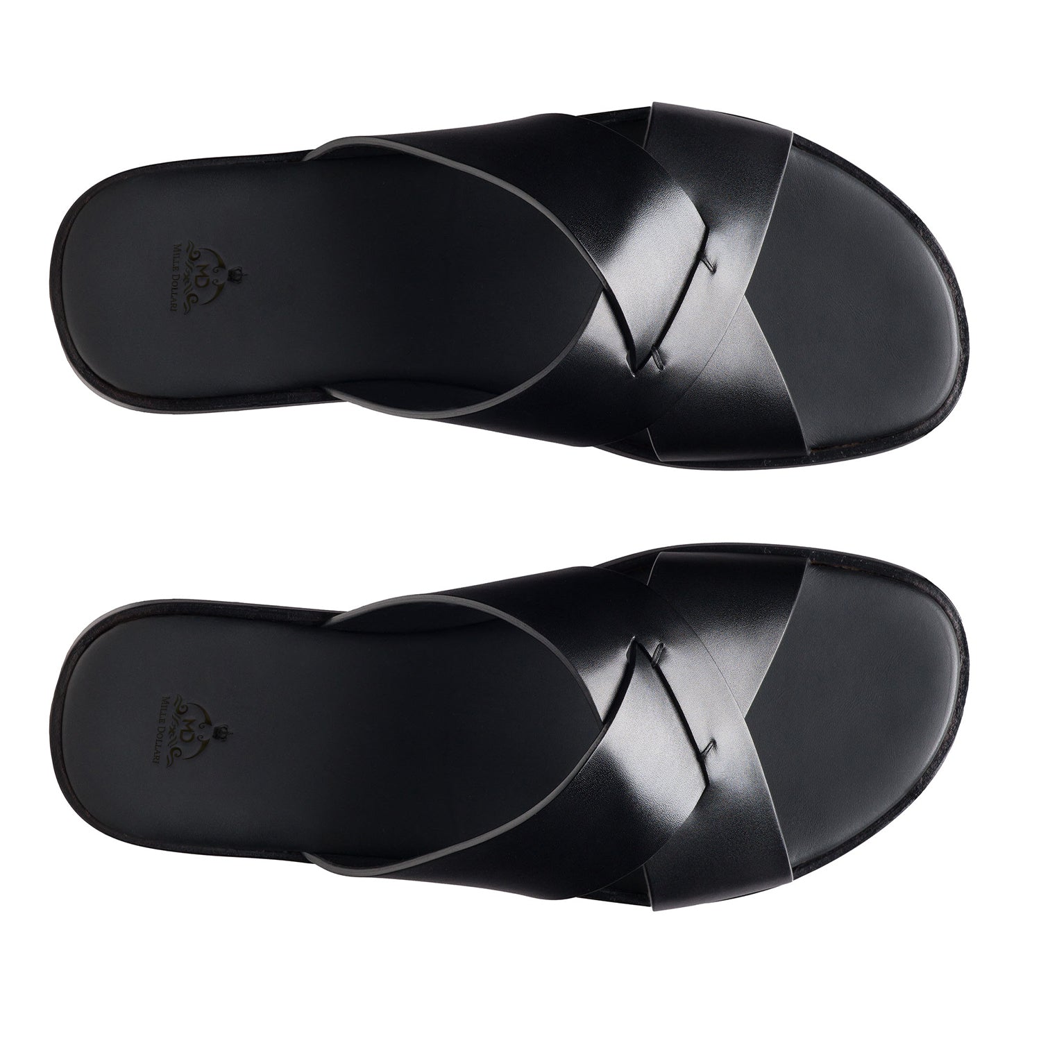 Men’s Black Leather Cross Strap Slip-On Sandals – Top View