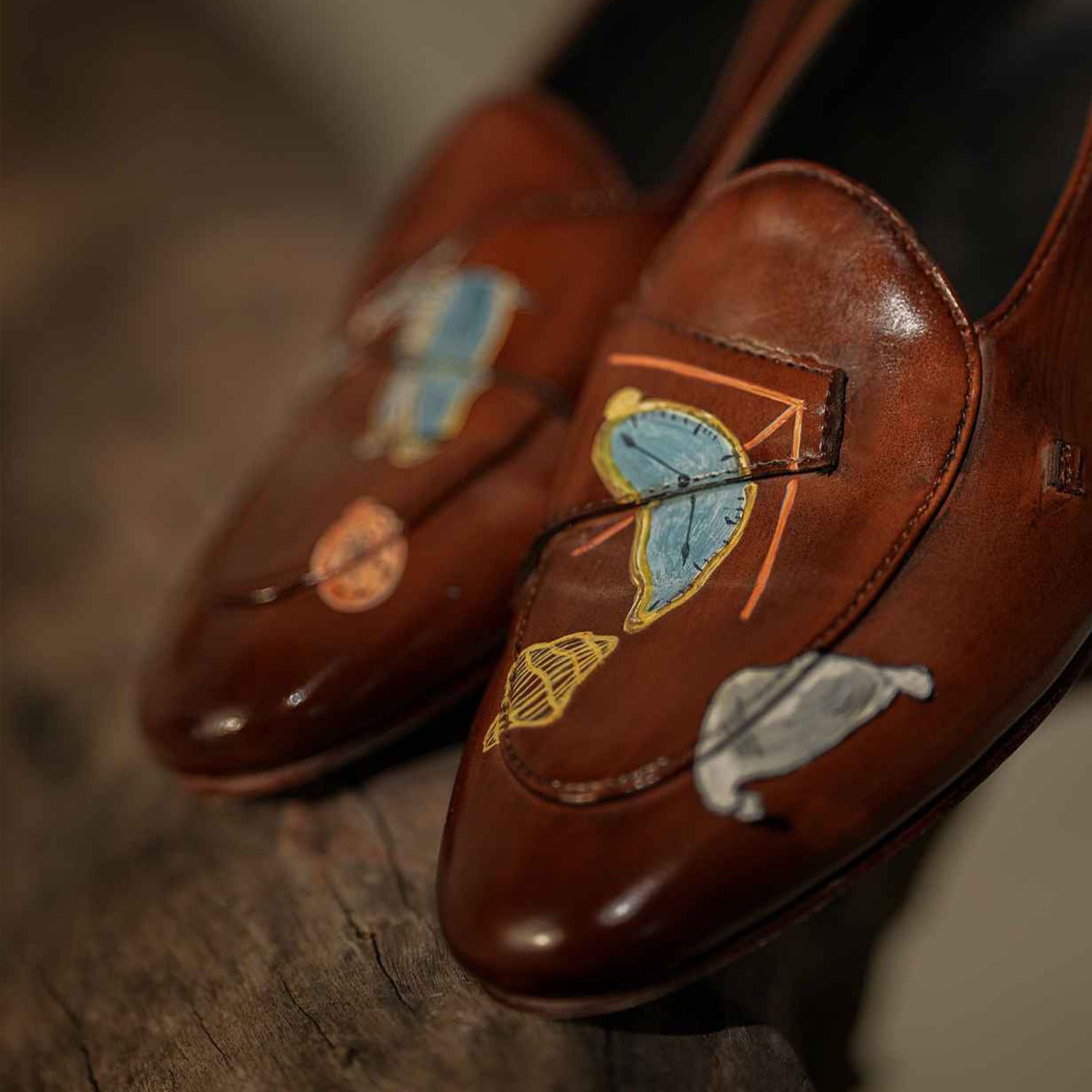 Brown Hand-Painted Artistic Penny Loafers for Men