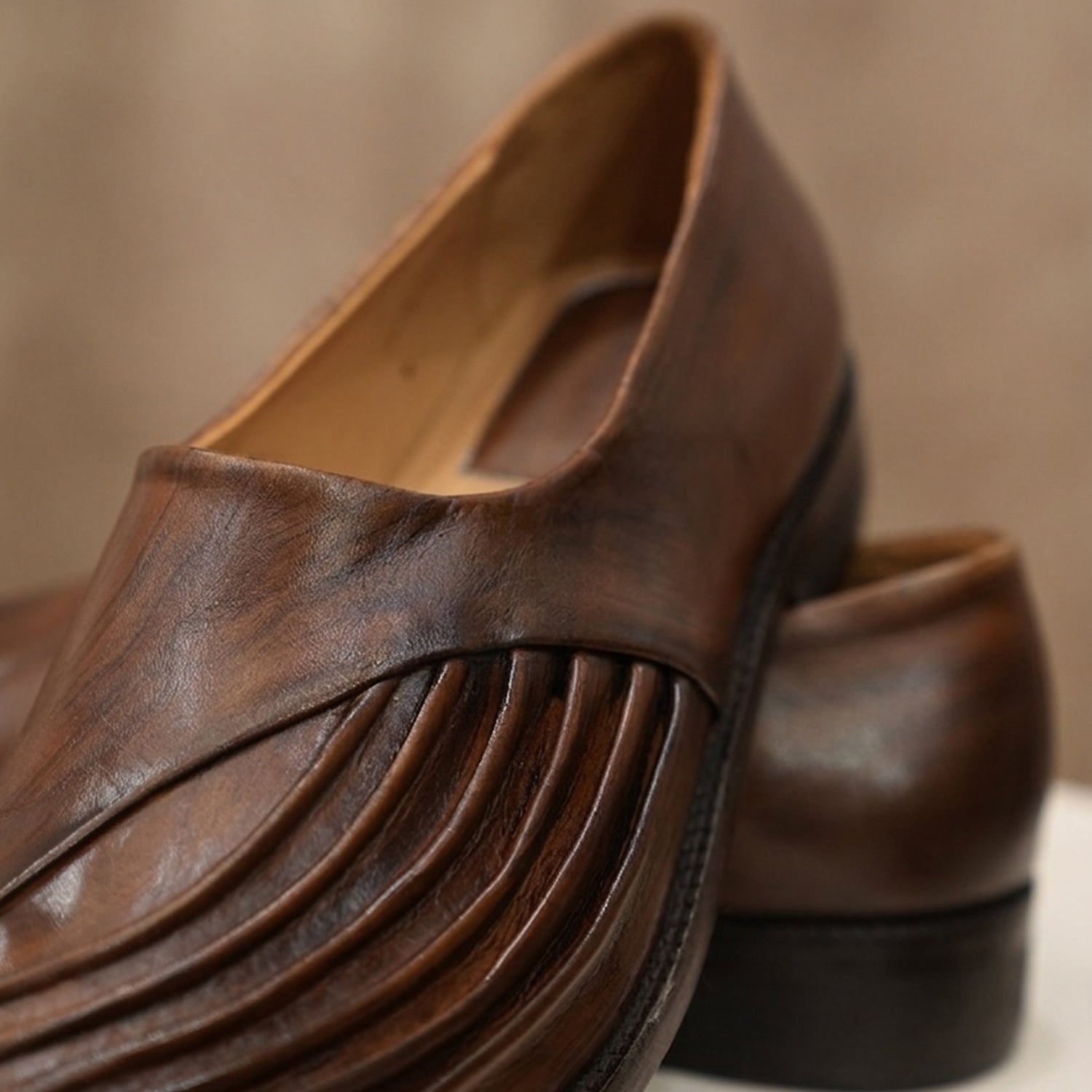 Textured Brown Leather Slip-On Shoes with Pleated Design