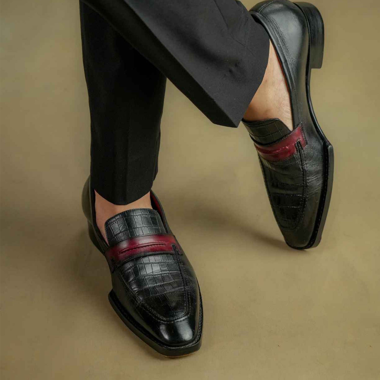 Black Croc-Textured Penny Loafers with Contrast Strap for Men