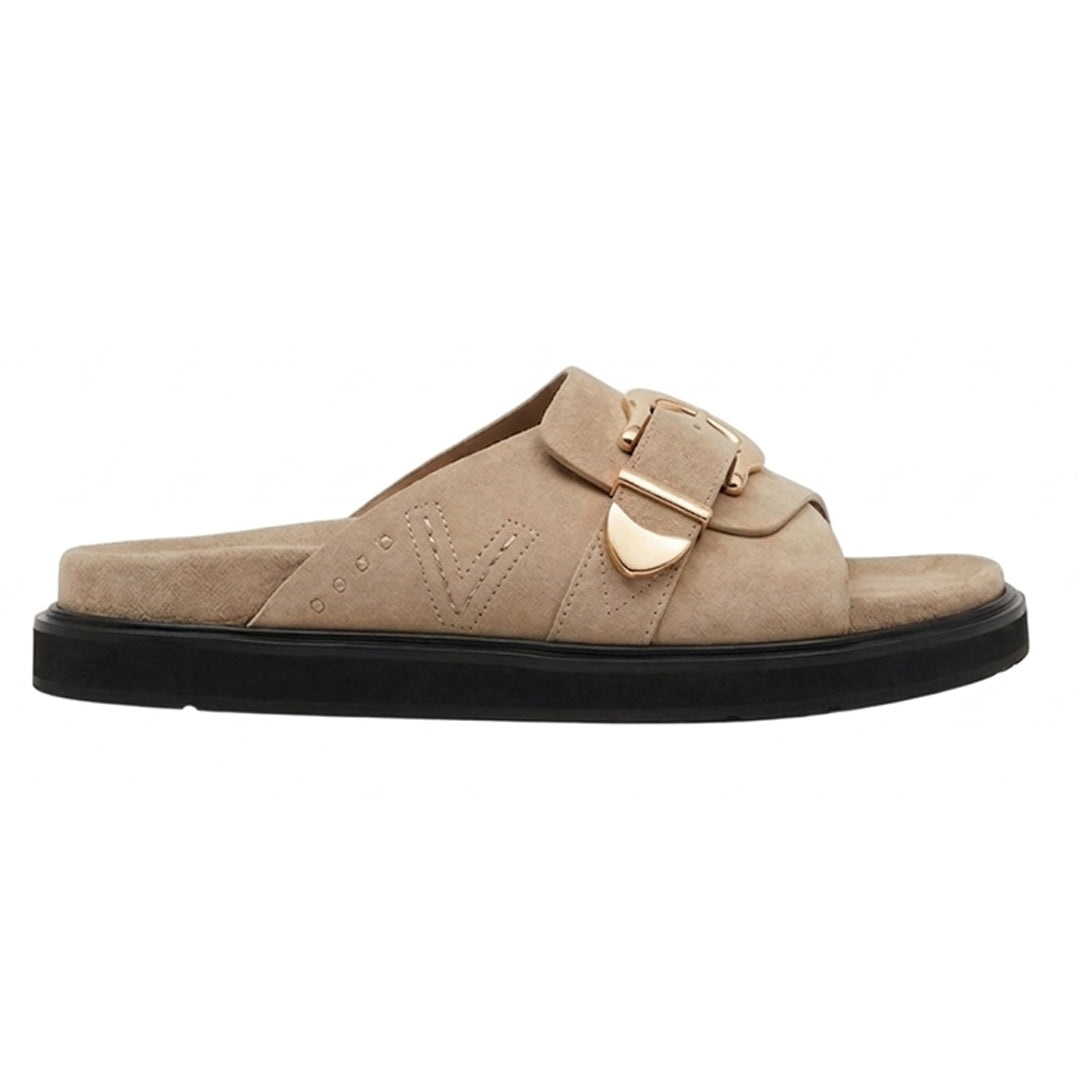 Beige Slip-On Sandals with Gold Buckle | Stylish Comfort Flat Slides for Women