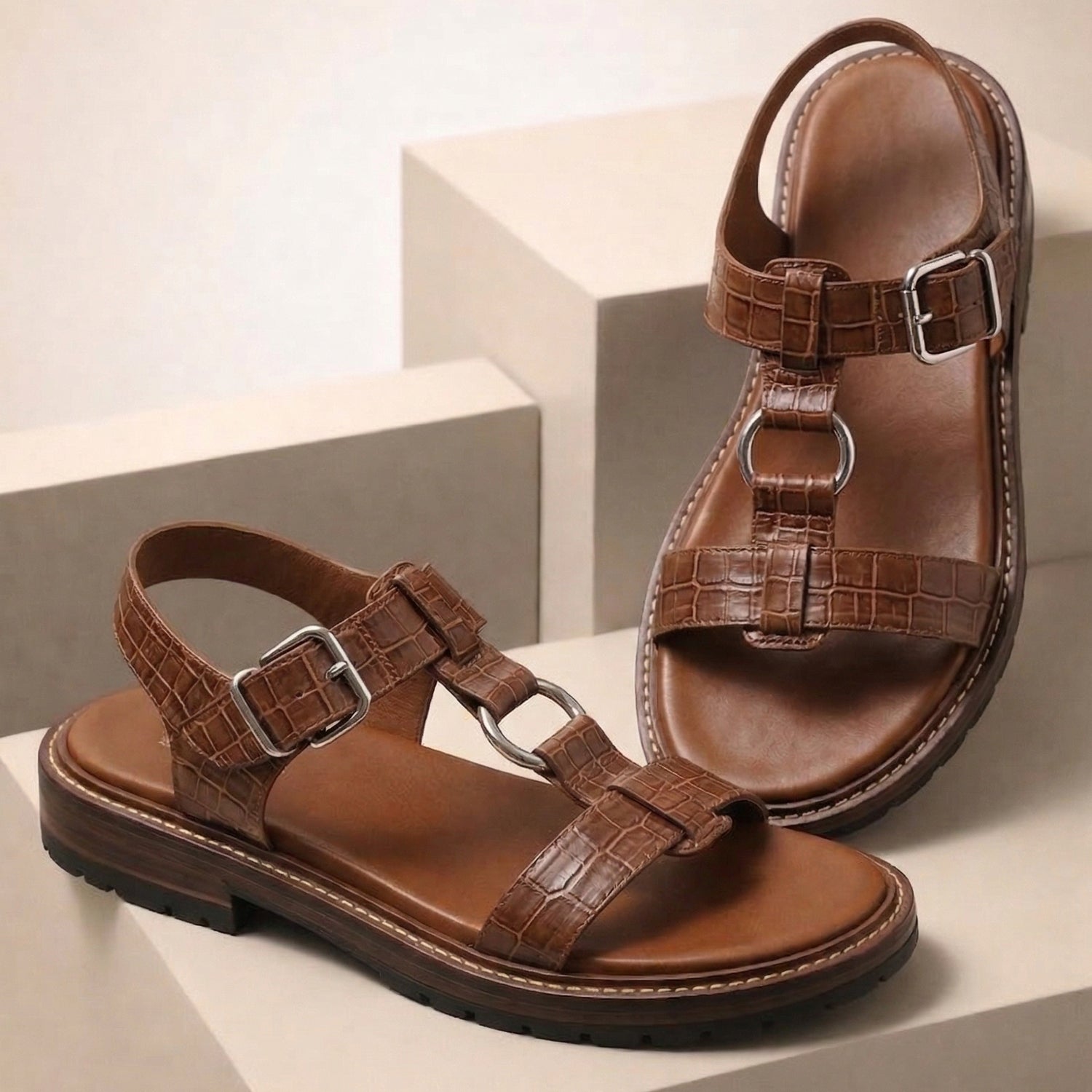 Brown Croc-Textured Strappy Sandals for Women with Adjustable Buckle