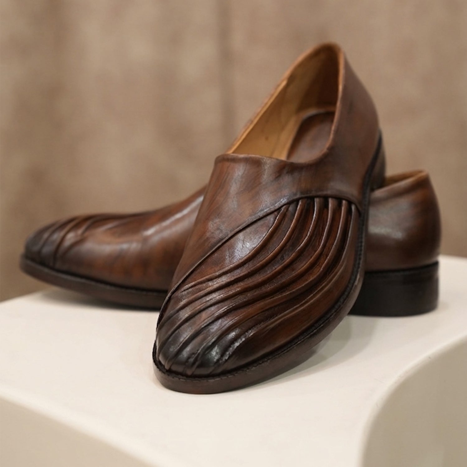 Textured Brown Leather Slip-On Shoes with Pleated Design