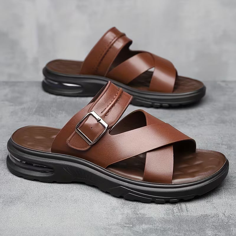 Brown Cross Strap Comfort Sandals with Adjustable Buckle for Men