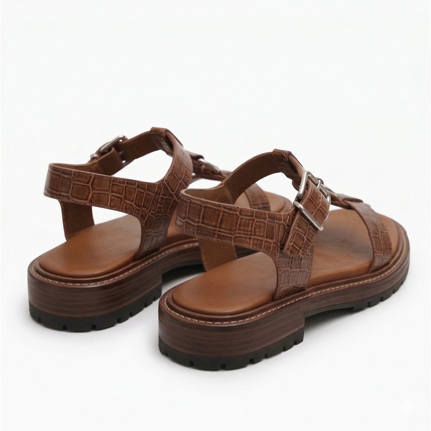 Brown Croc-Textured Strappy Sandals for Women with Adjustable Buckle