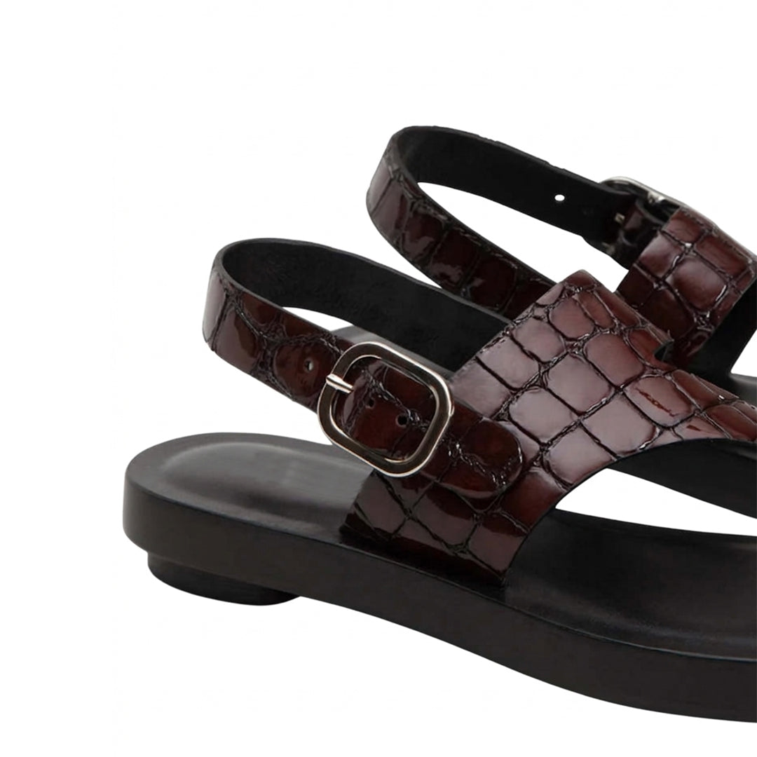 Brown Croc-Texture Slingback Sandals | Stylish Toe-Ring Flats for Women