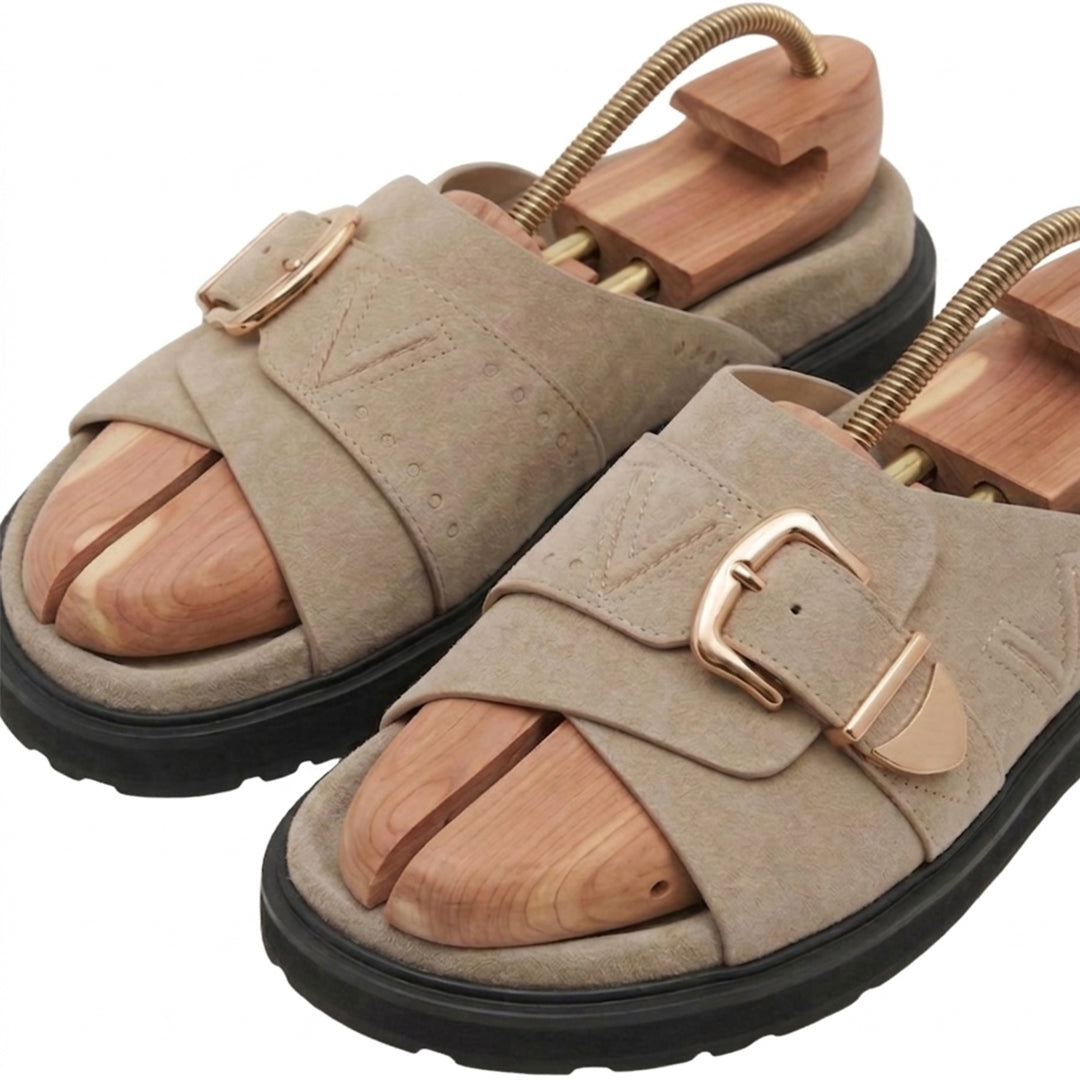 Beige Slip-On Sandals with Gold Buckle | Stylish Comfort Flat Slides for Women