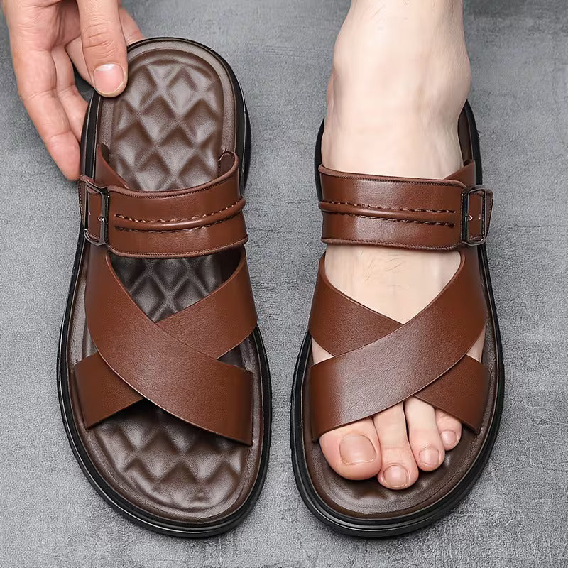 Brown Cross Strap Comfort Sandals with Adjustable Buckle for Men