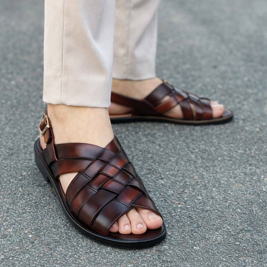 Men’s brown genuine leather Kolhapuri sandals with woven strap design, open toe, cushioned footbed and adjustable back strap ethnic footwear