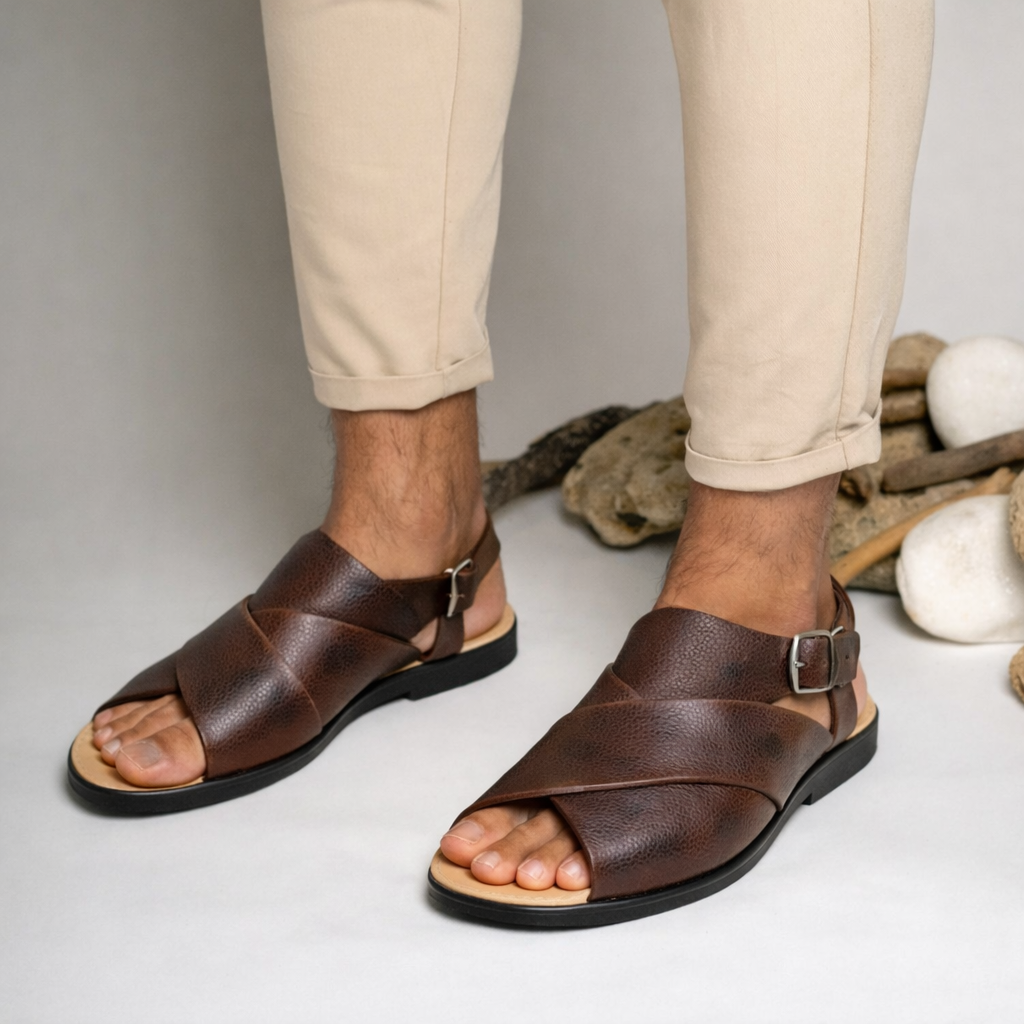 Men’s brown genuine leather Peshawari sandals with back strap, peep toe design, textured leather finish and cushioned sole