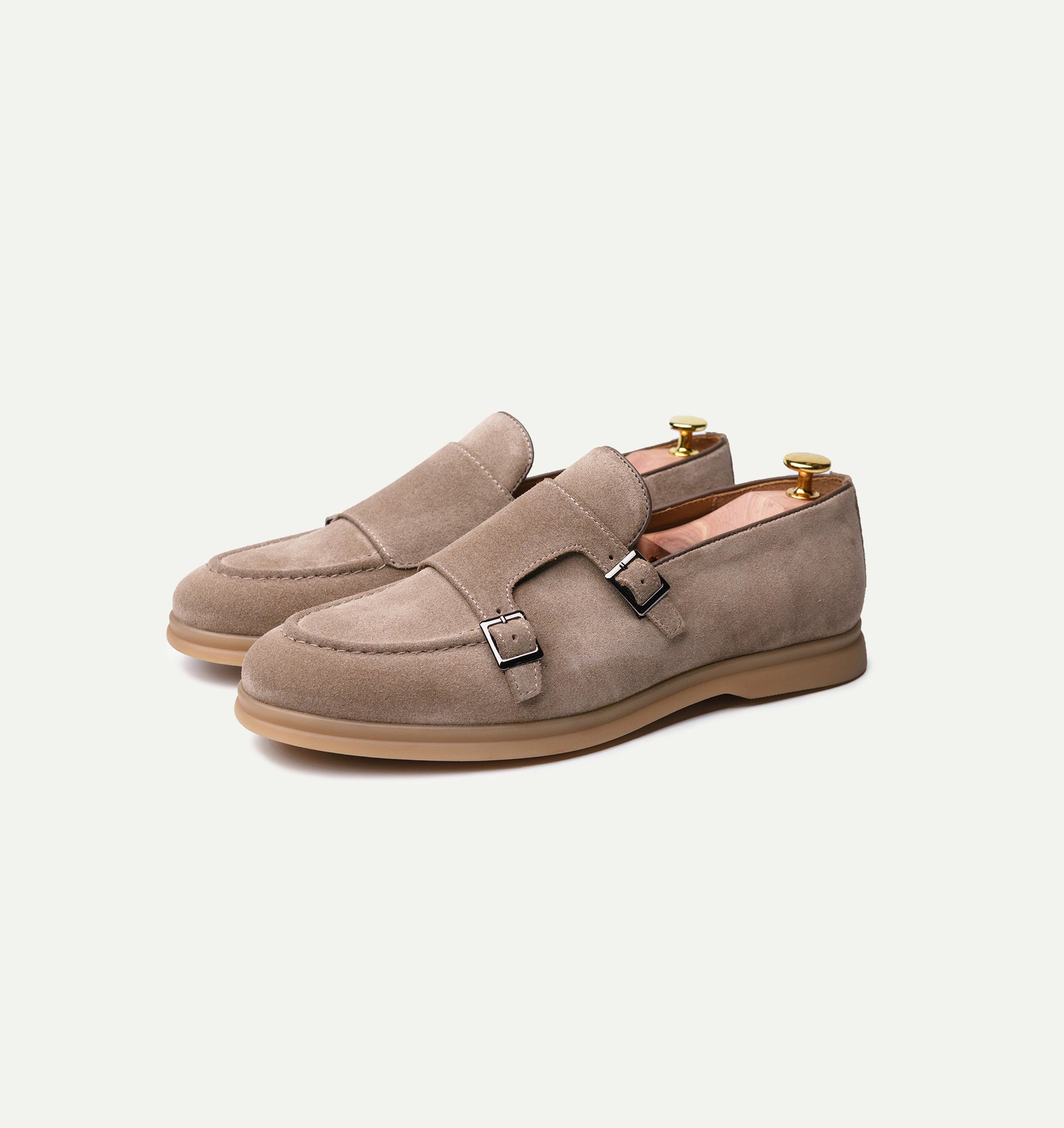 Men’s grey suede leather monk strap loafers with buckle closure, slip on design and cushioned sole casual formal footwear