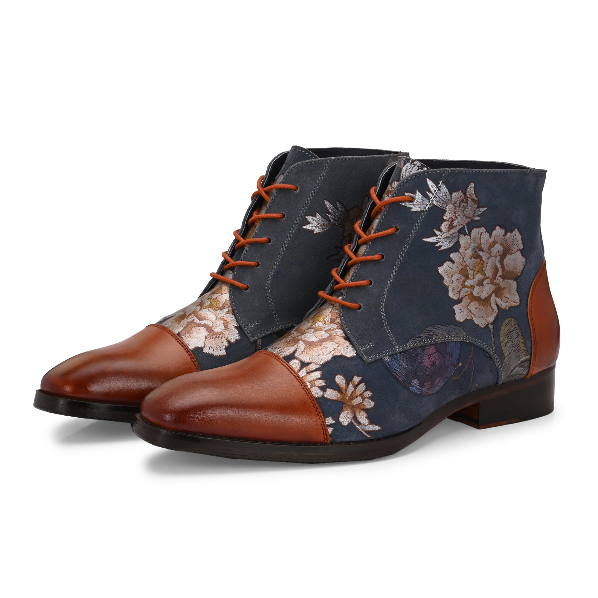 Men’s Floral Printed Leather Boots – Stylish Handcrafted Ankle Boots for Men