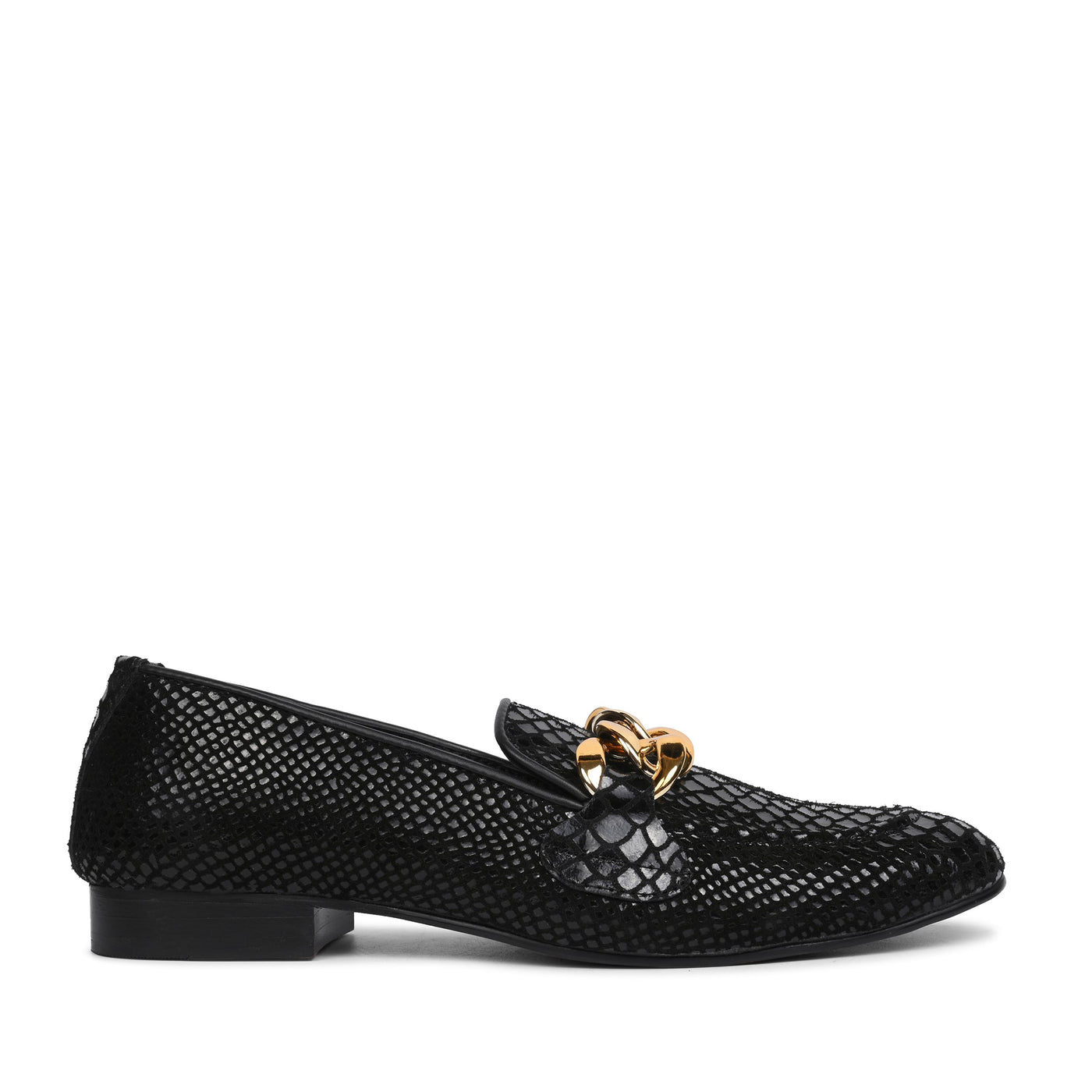 Men's Black Snake Print Leather Loafers with Gold Chain | Luxury Slip-On Shoes