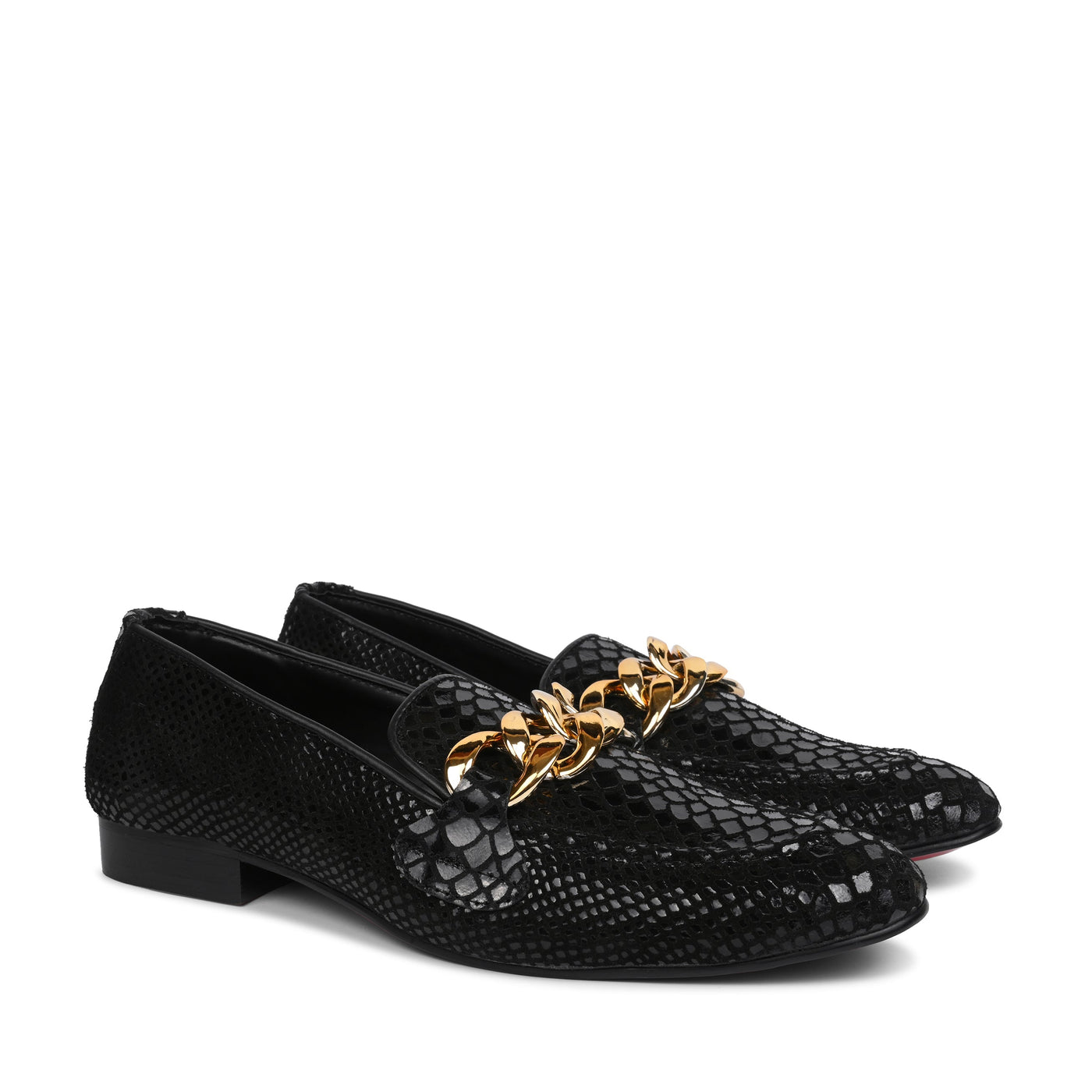 Men's Black Snake Print Genuine Leather Loafers with Gold Chain Detail – Luxury Formal Slip-On Shoes for Weddings & Party Wear