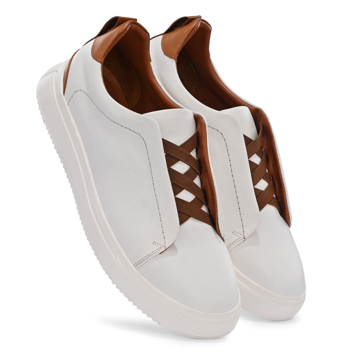 Men's White Italian Imported Calf Leather Sneakers with Brown Lace Detail | Memory Foam Cushioned Casual Shoes with Rubber Sole