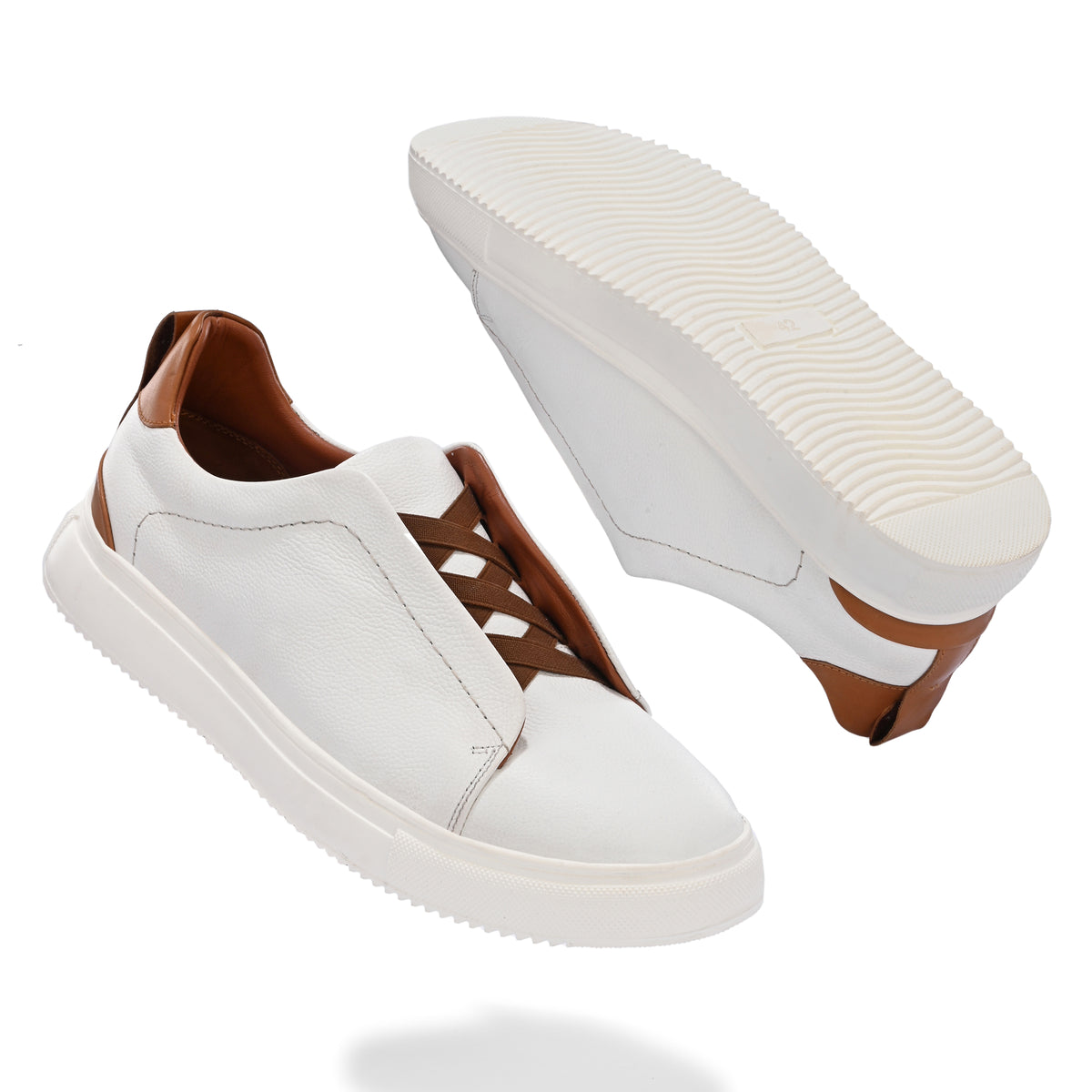 Men's White Italian Imported Calf Leather Sneakers with Brown Lace Detail | Memory Foam Cushioned Casual Shoes with Rubber Sole
