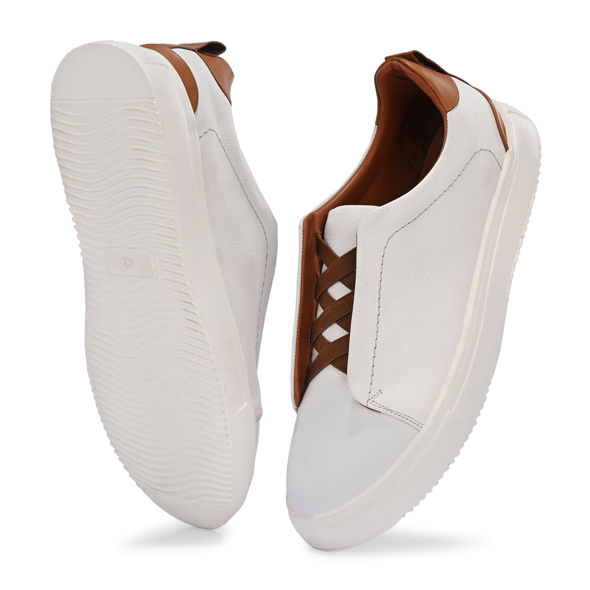 Men's White Italian Imported Calf Leather Sneakers with Brown Lace Detail | Memory Foam Cushioned Casual Shoes with Rubber Sole