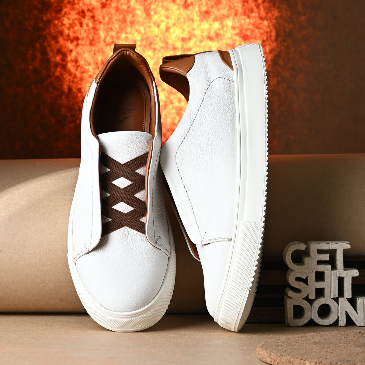 Men's white Italian imported calf leather sneakers with brown laces, memory foam cushioning, and rubber sole