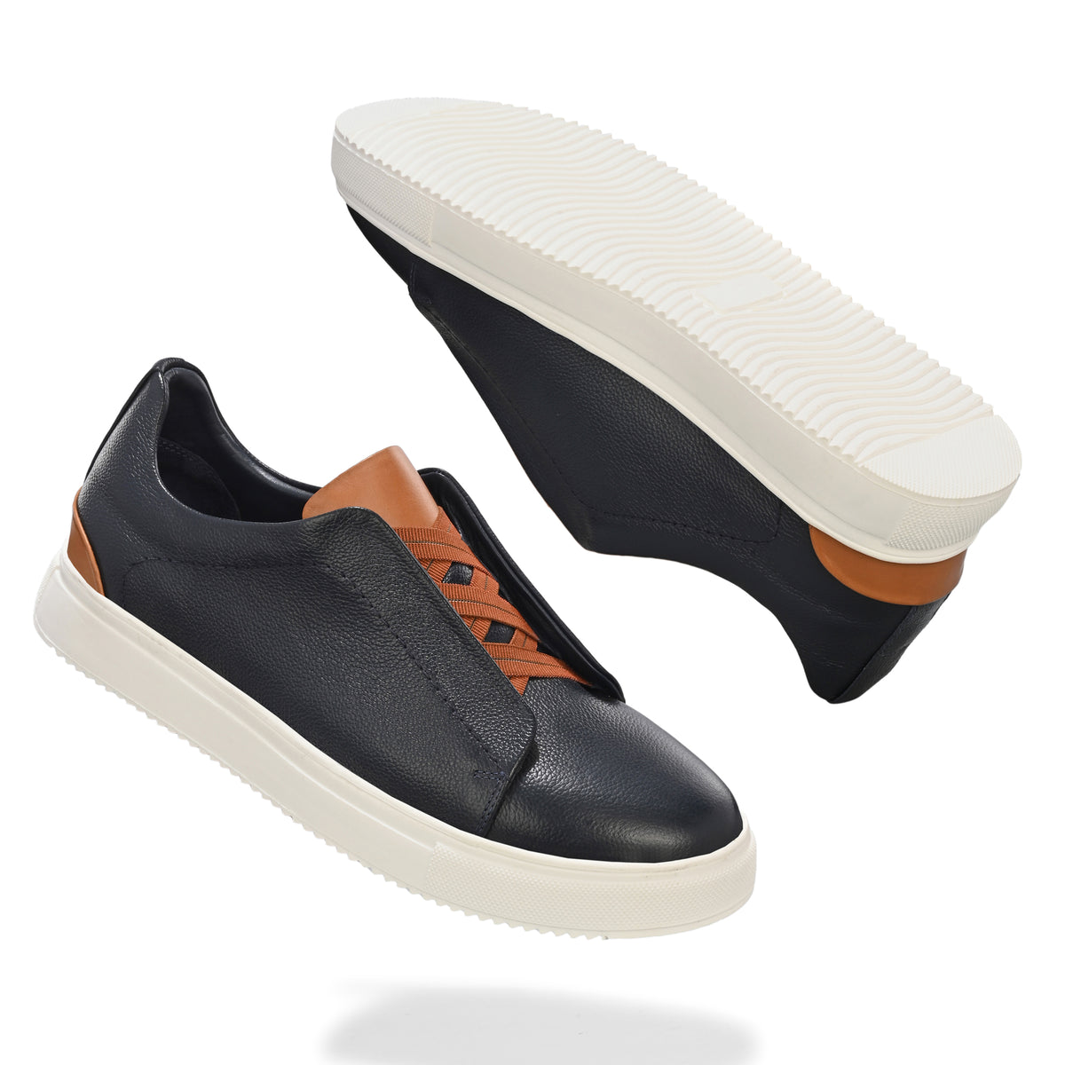 Men's Black Italian Imported Calf Leather Sneakers with Tan Laces | Memory Foam Cushioned Casual Shoes with Rubber Sole