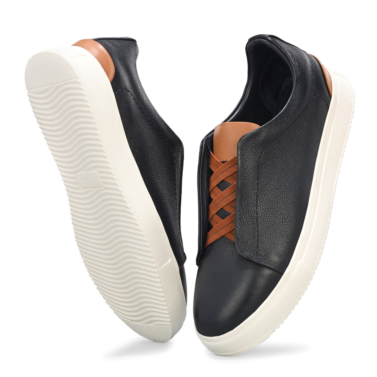 Men's Black Italian Imported Calf Leather Sneakers with Tan Laces | Memory Foam Cushioned Casual Shoes with Rubber Sole