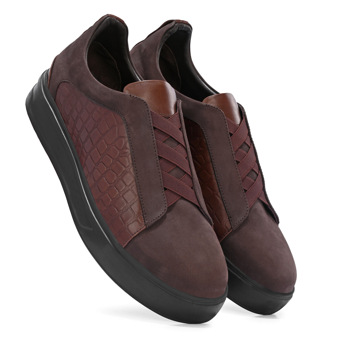 Men’s Brown Italian Imported Calf Leather Casual Sneakers with Textured Design, Memory Foam Cushioning & Rubber Sole