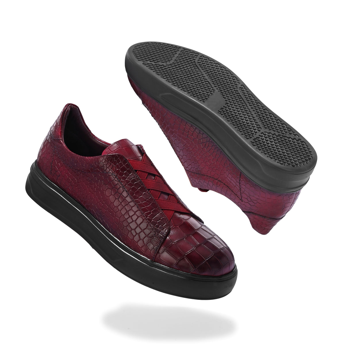 Men’s Burgundy Italian Imported Calf Leather Sneakers with Embossed Crocodile Texture, Memory Foam & Rubber Sole