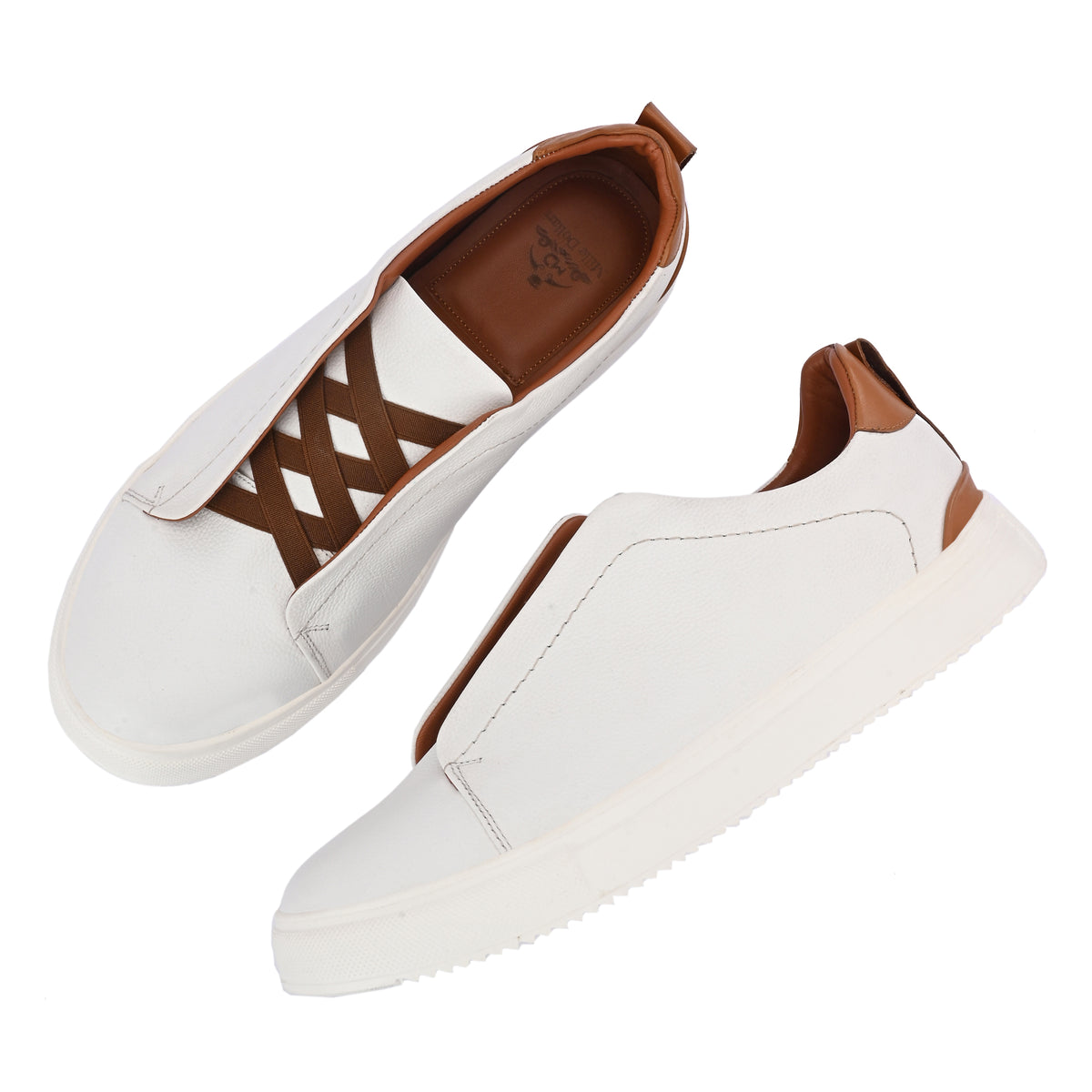 Men's White Italian Imported Calf Leather Sneakers with Brown Lace Detail | Memory Foam Cushioned Casual Shoes with Rubber Sole