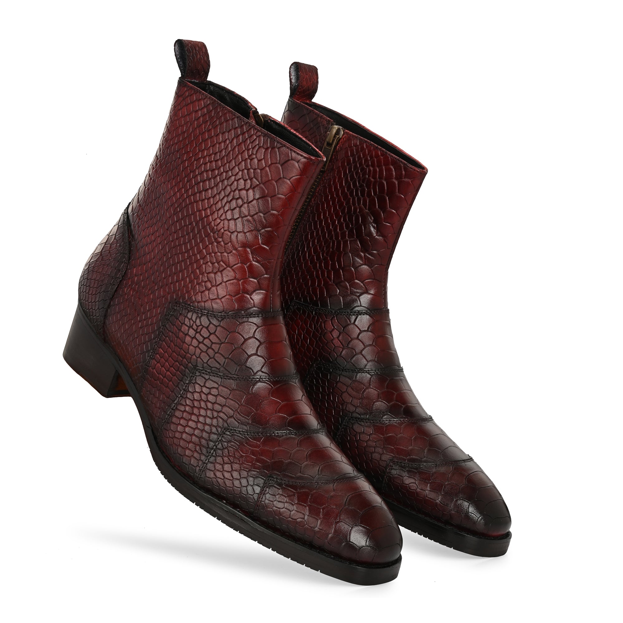 Premium Burgundy Python-Print Leather Ankle Boots for Men
