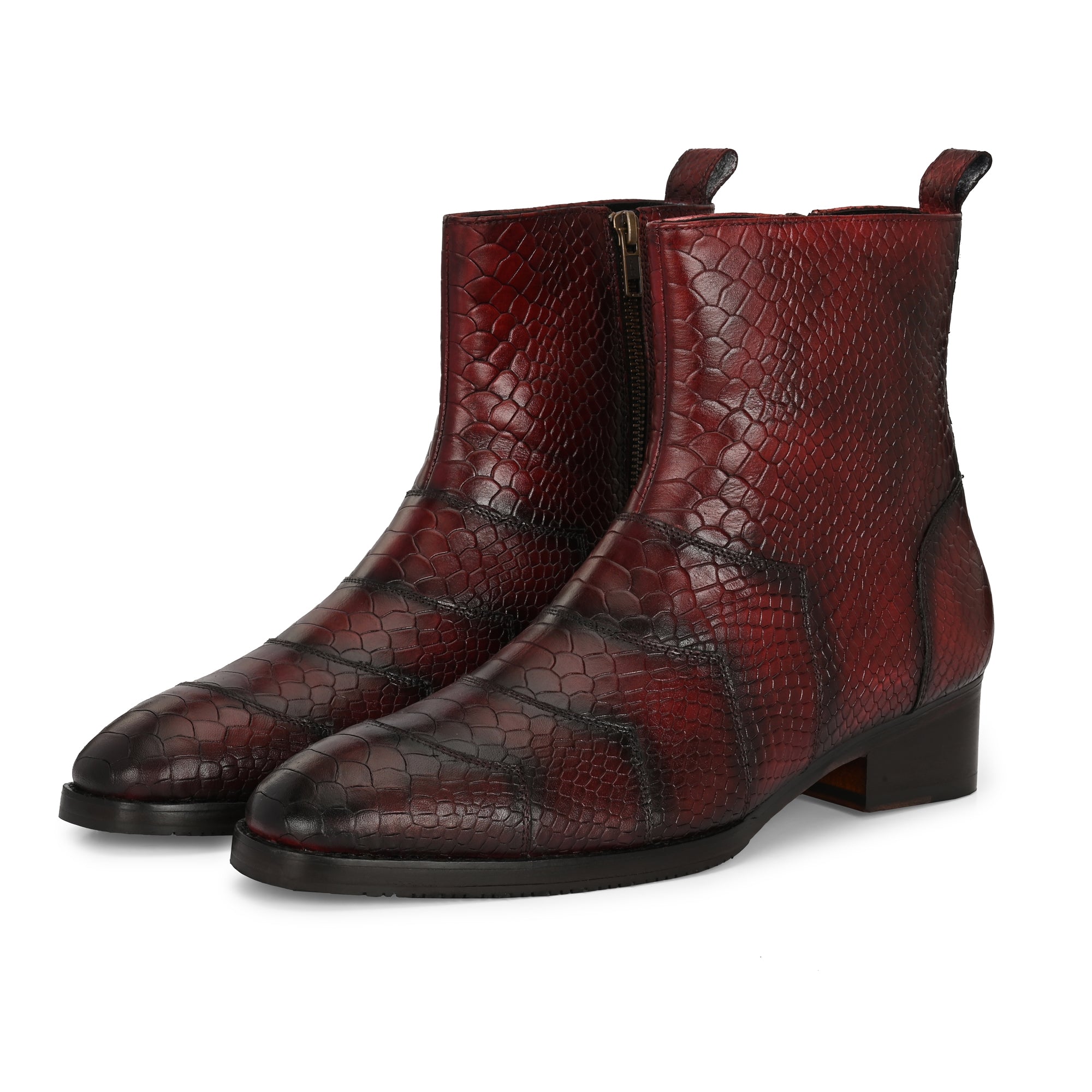 Premium Burgundy Python-Print Leather Ankle Boots for Men