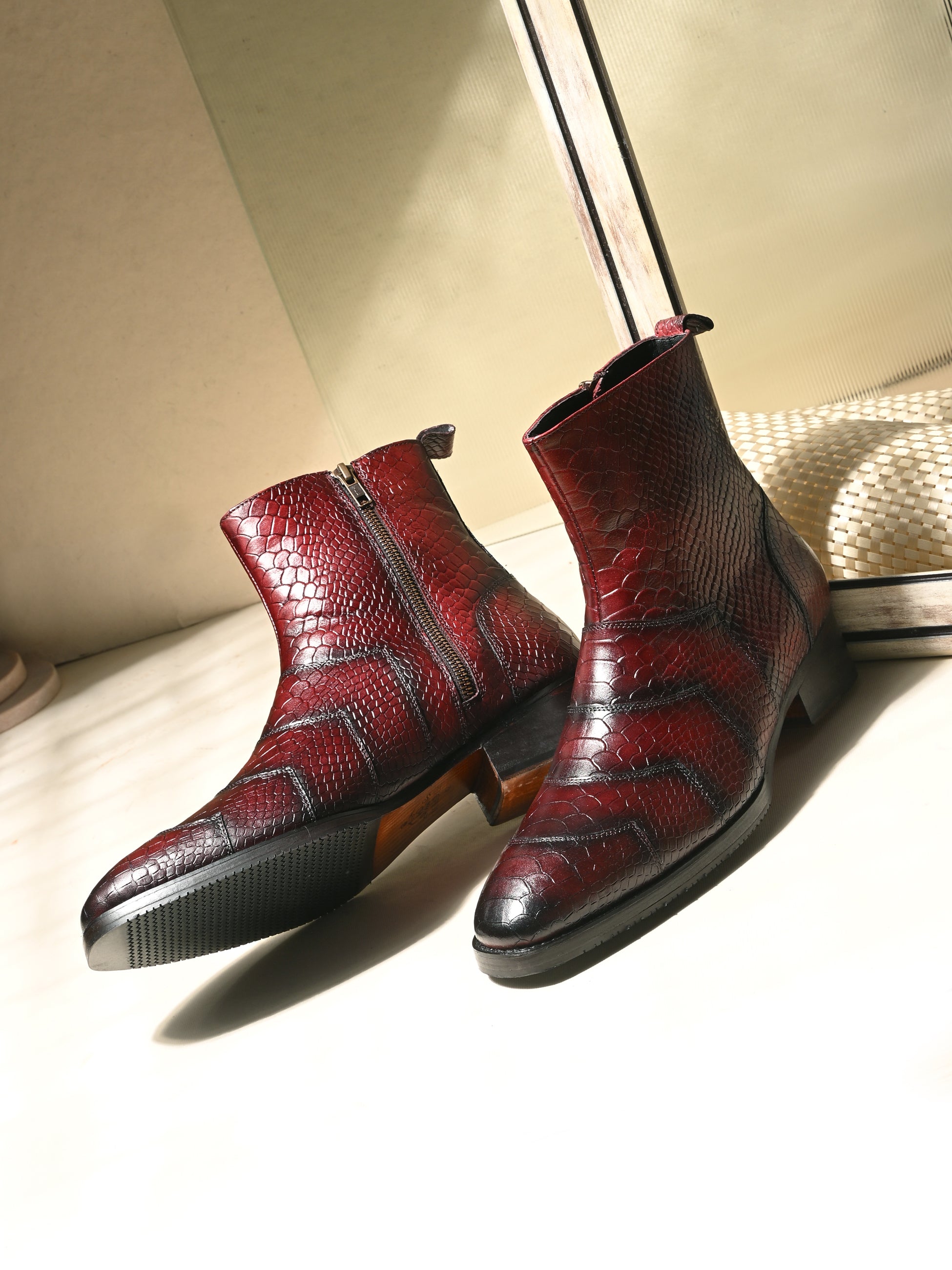 Premium Burgundy Python-Print Leather Ankle Boots for Men