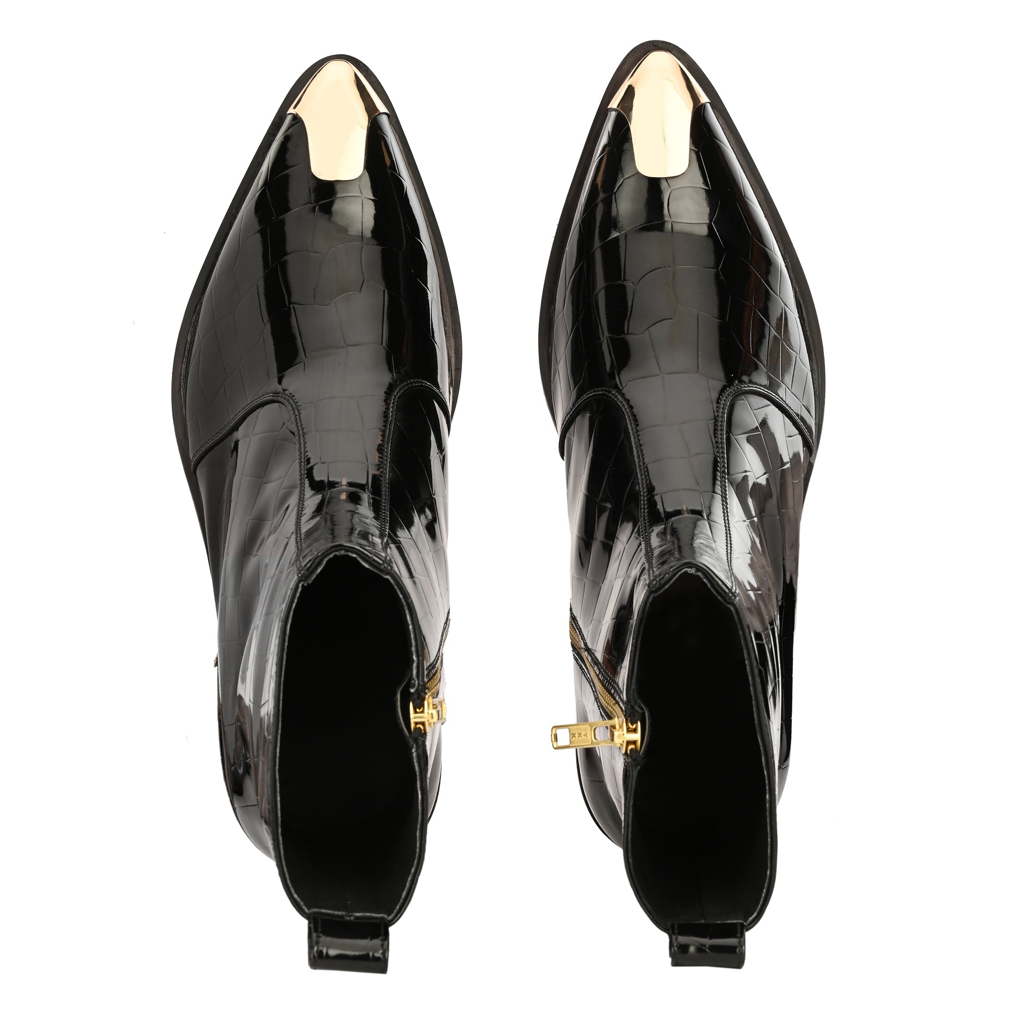 Luxury Black Patent Croc Leather Men’s Ankle Boots with Gold Toe Cap & Heel