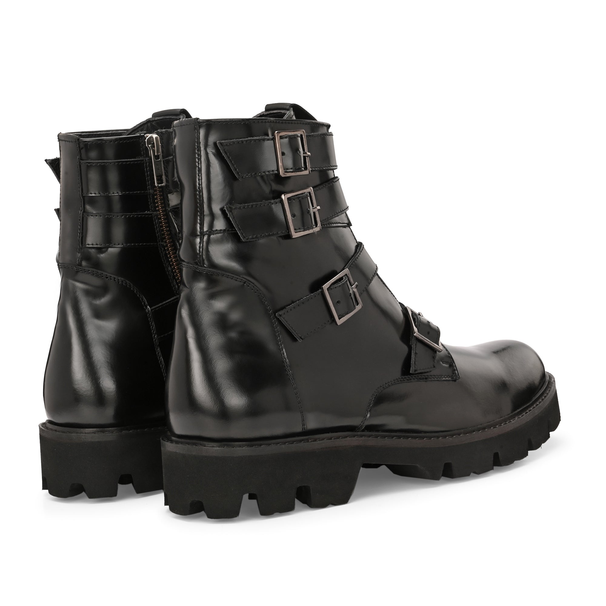 Men’s Black Leather Buckle Boots – Heavy-Duty Combat Style High Ankle Boots