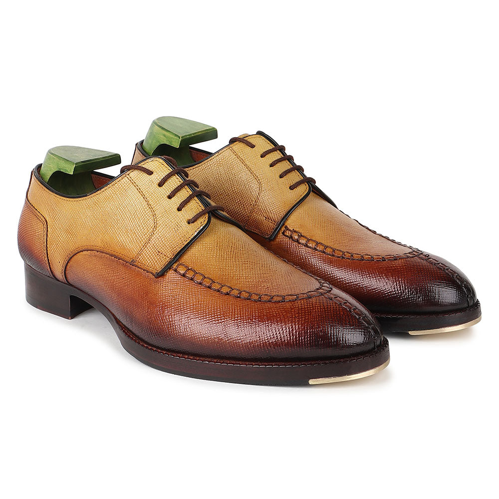 Men’s Tan & Brown Textured Leather Lace-Up Shoes | Premium Two-Tone Formal Derby Shoes