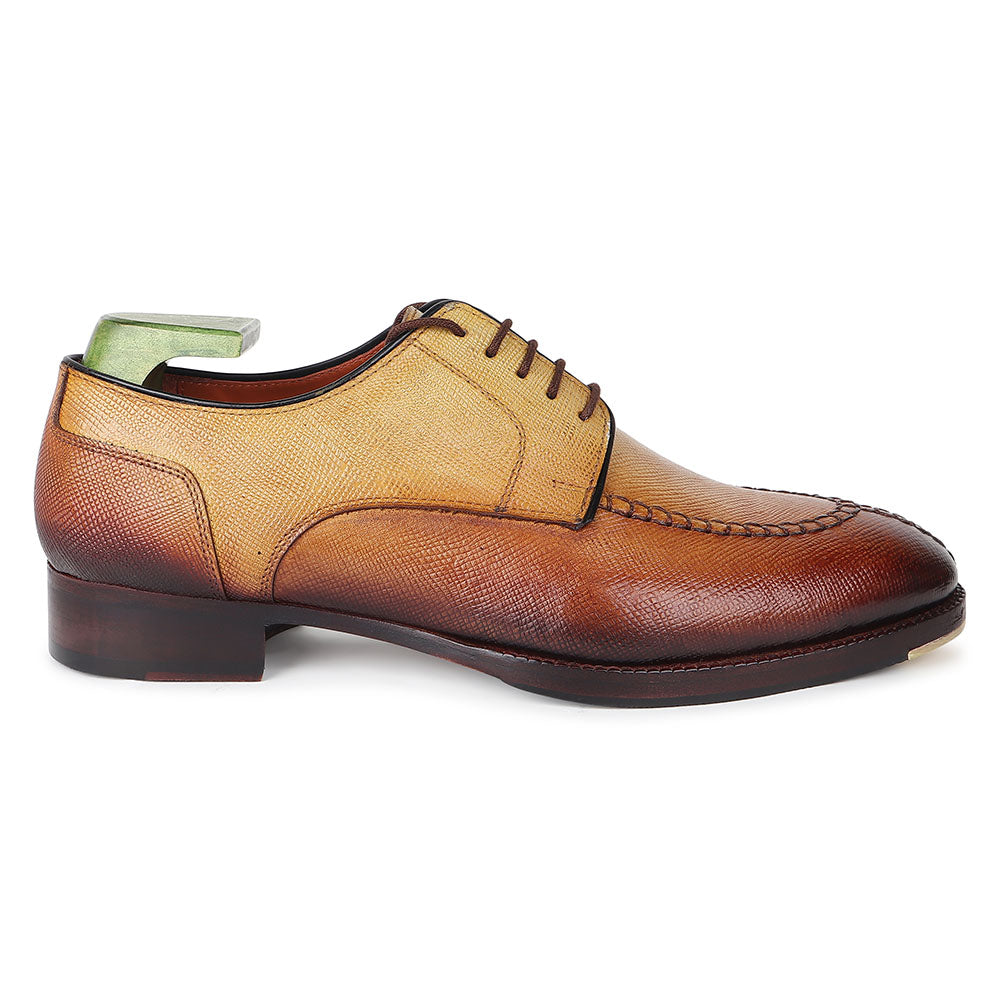 Men’s Tan & Brown Textured Leather Lace-Up Shoes | Premium Two-Tone Formal Derby Shoes