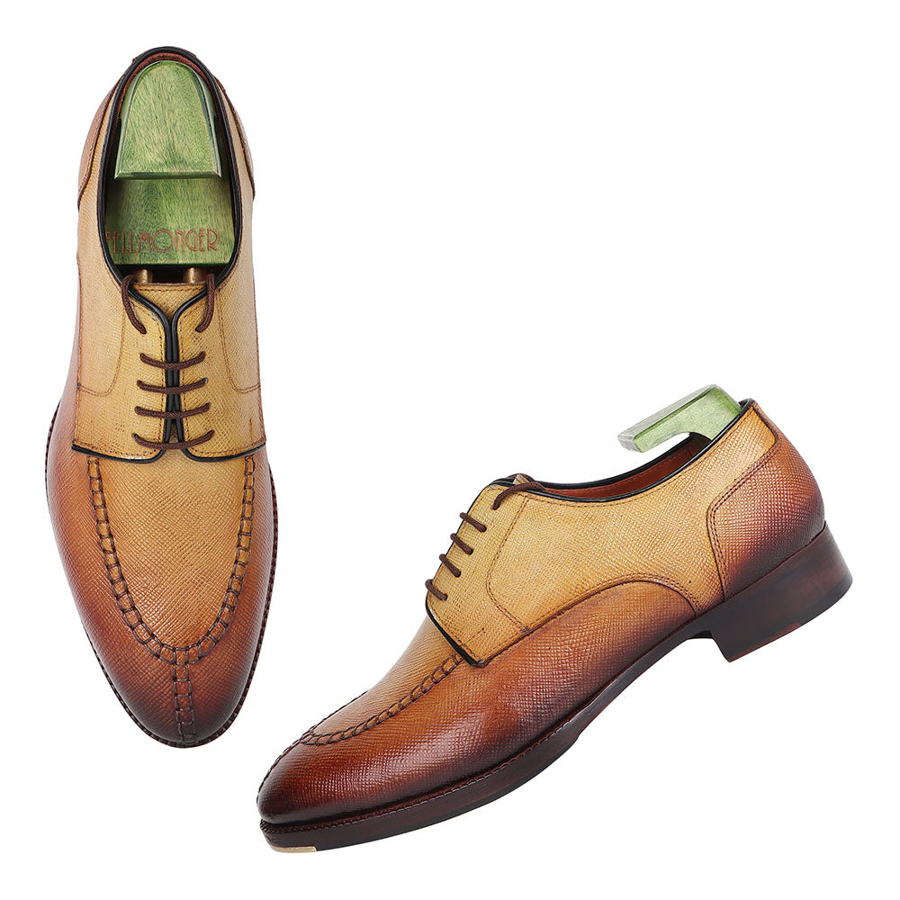 Men’s Tan & Brown Textured Leather Lace-Up Shoes | Premium Two-Tone Formal Derby Shoes
