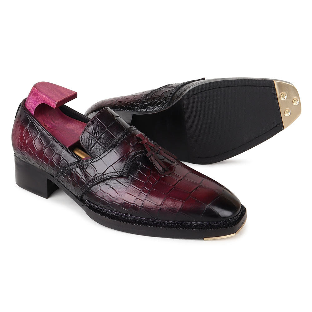 Men’s Burgundy Croc Textured Leather Tassel Loafers | Premium Formal Slip-On Dress Shoes