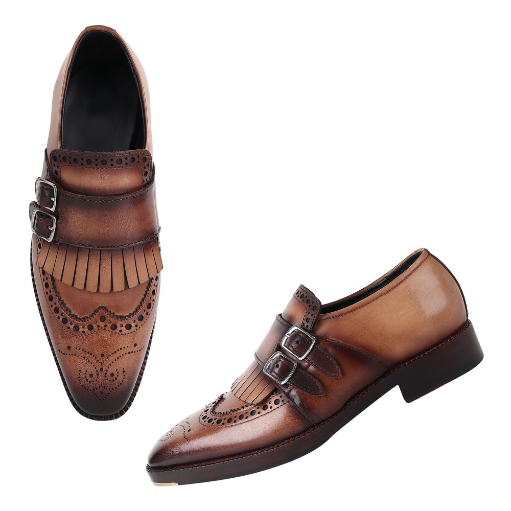 Men’s Tan Brown Leather Double Monk Strap Brogue Shoes | Premium Formal Buckle Dress Shoes